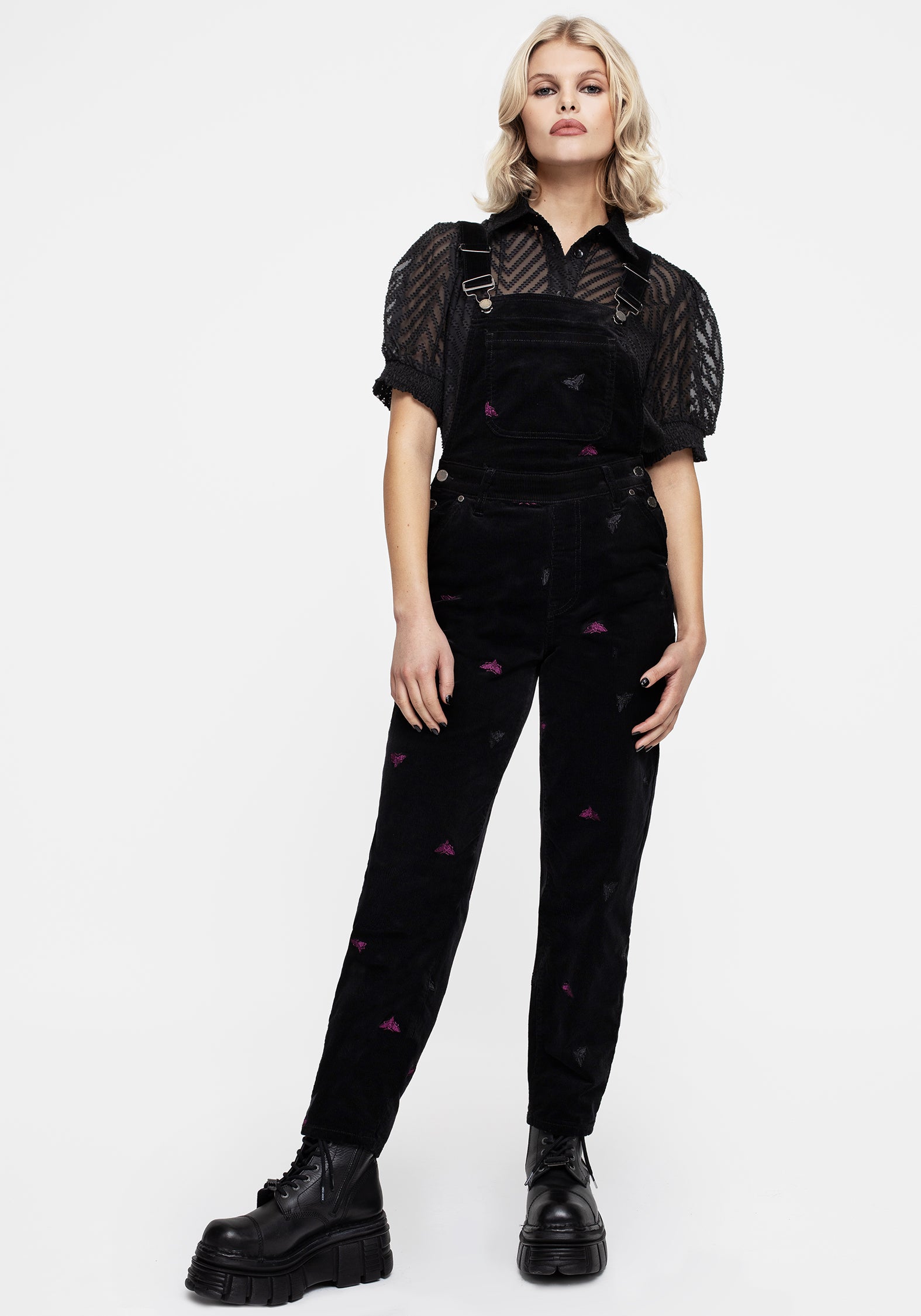 Black Moth Embroidered Cord Dungarees | Balloon Leg & High-Rise Design