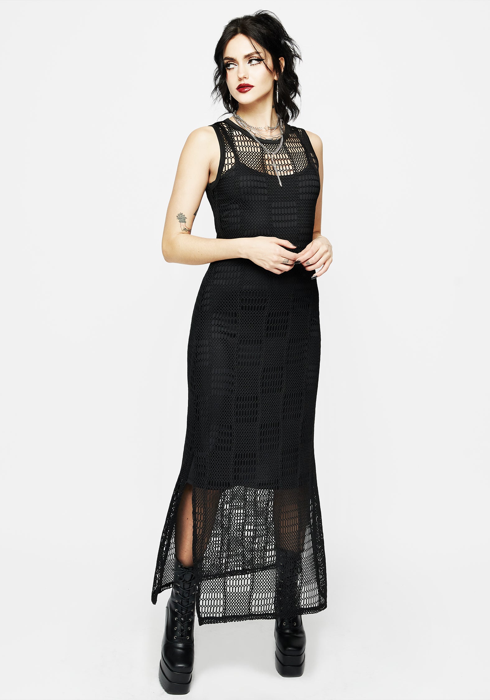 Black Sheer Ladder Lace Maxi Dress with Side Splits | Kindle
