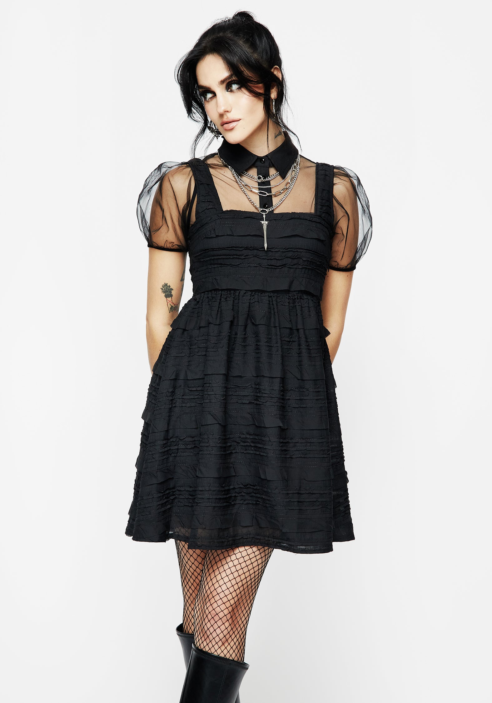 Black Textured Babydoll Mini Dress with Sheer Mesh & Ruffle Detail