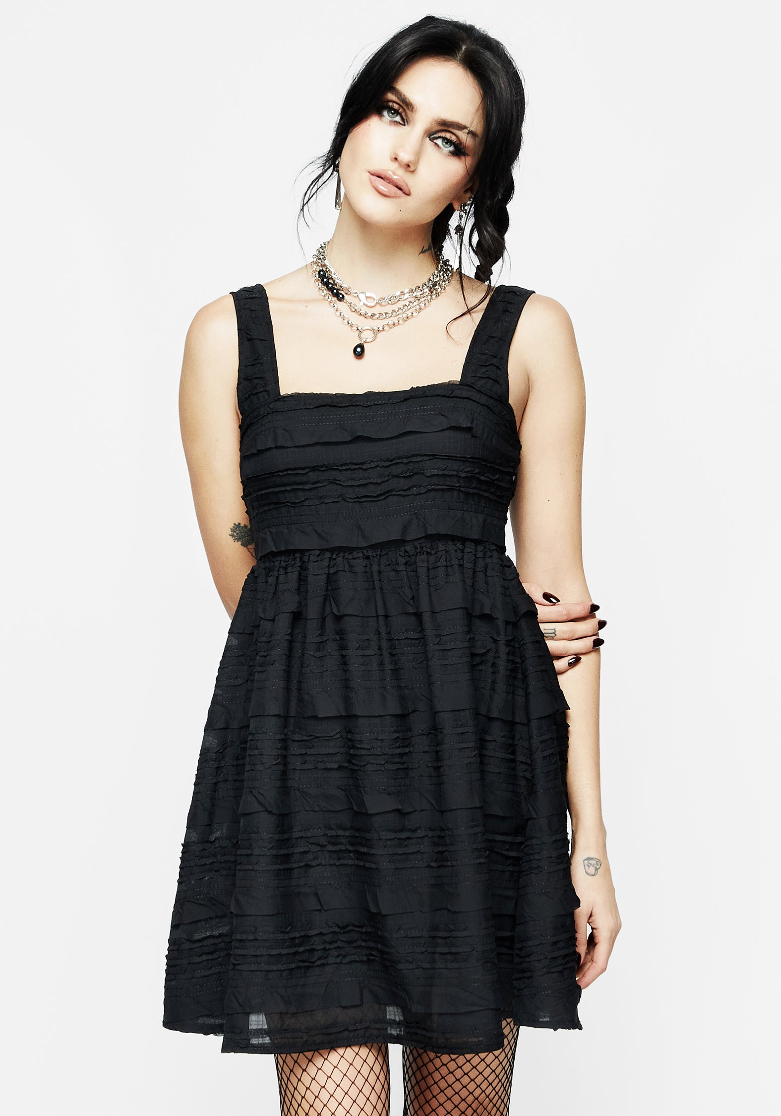 Black Textured Babydoll Mini Dress with Sheer Mesh & Ruffle Detail