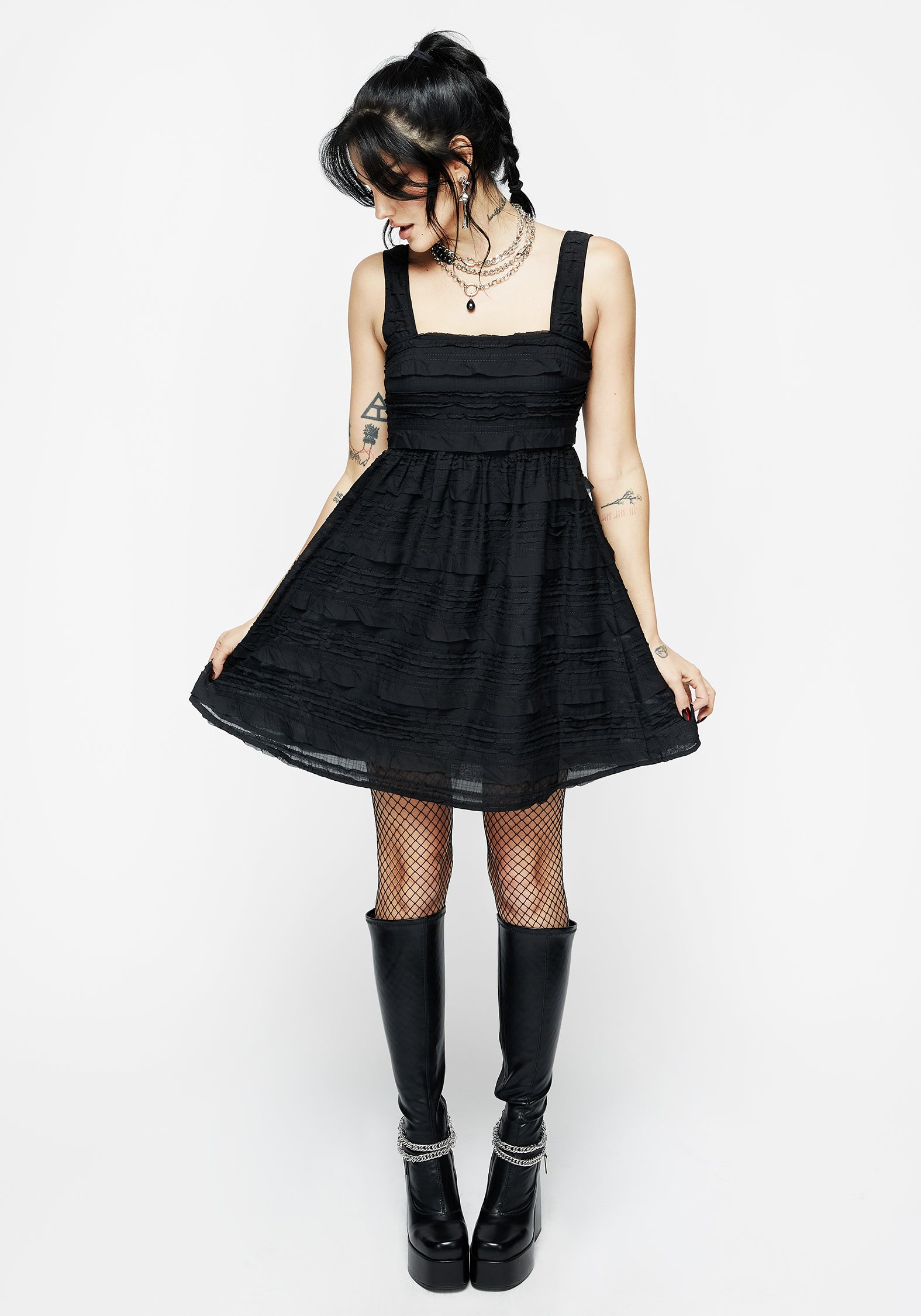 Black Textured Babydoll Mini Dress with Sheer Mesh & Ruffle Detail