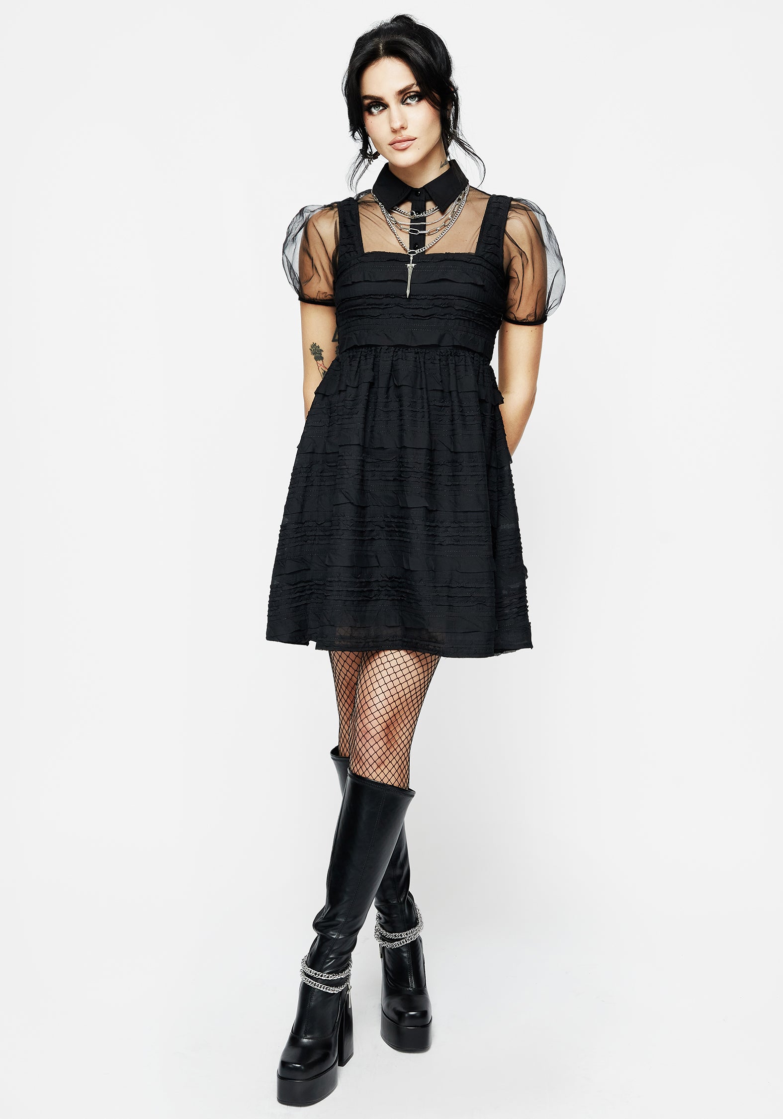 Black Textured Babydoll Mini Dress with Sheer Mesh & Ruffle Detail