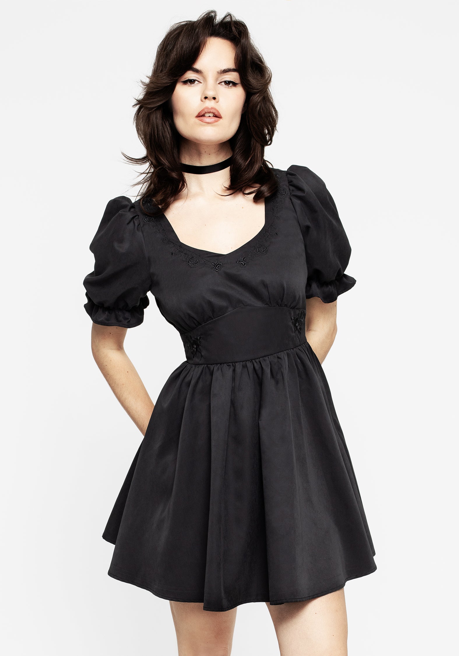 Black Embroidered Mini Dress with Sweetheart Neckline | Gwendoline