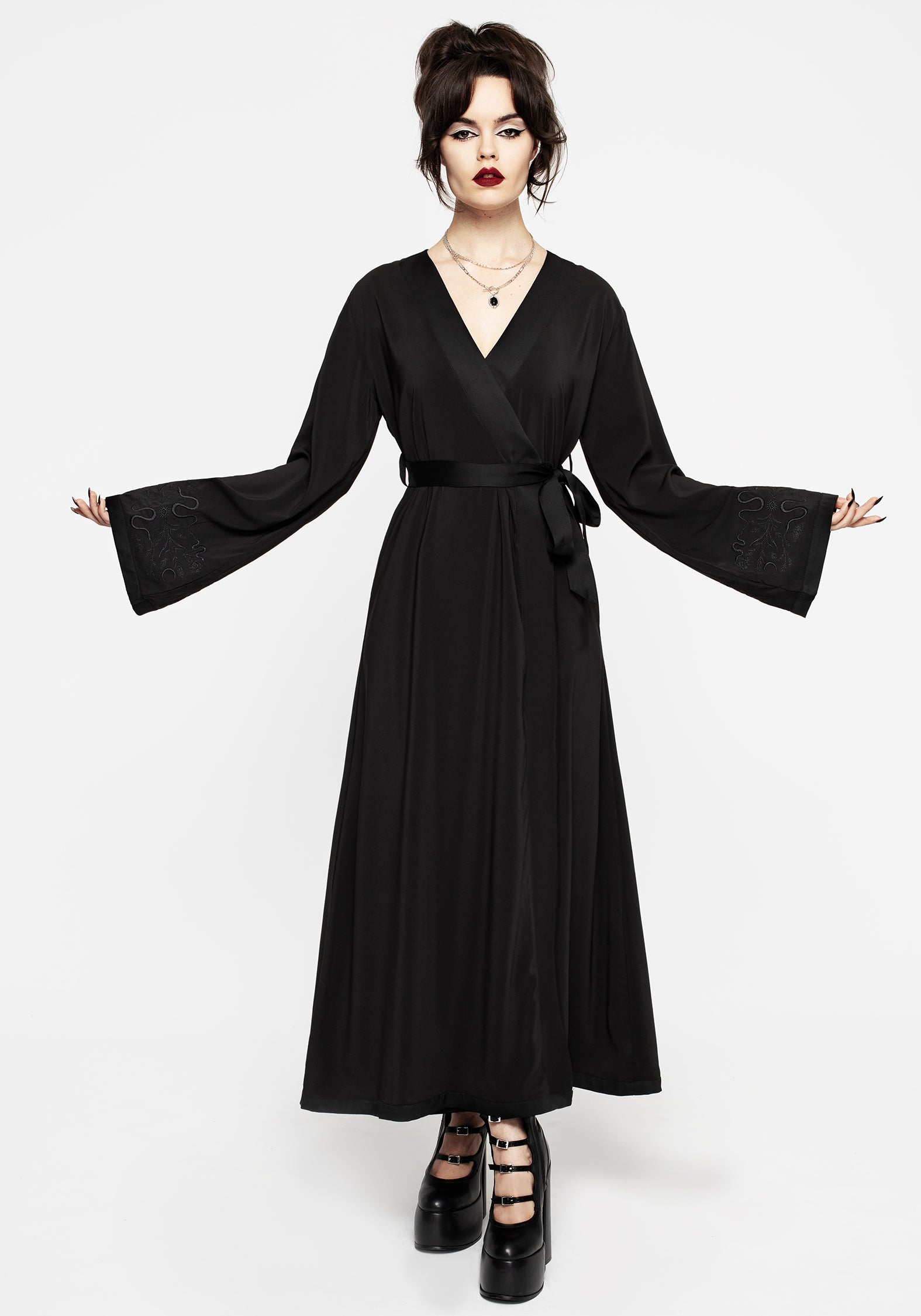Embroidered Chiffon Wrap Dress with Flared Sleeves | Veles