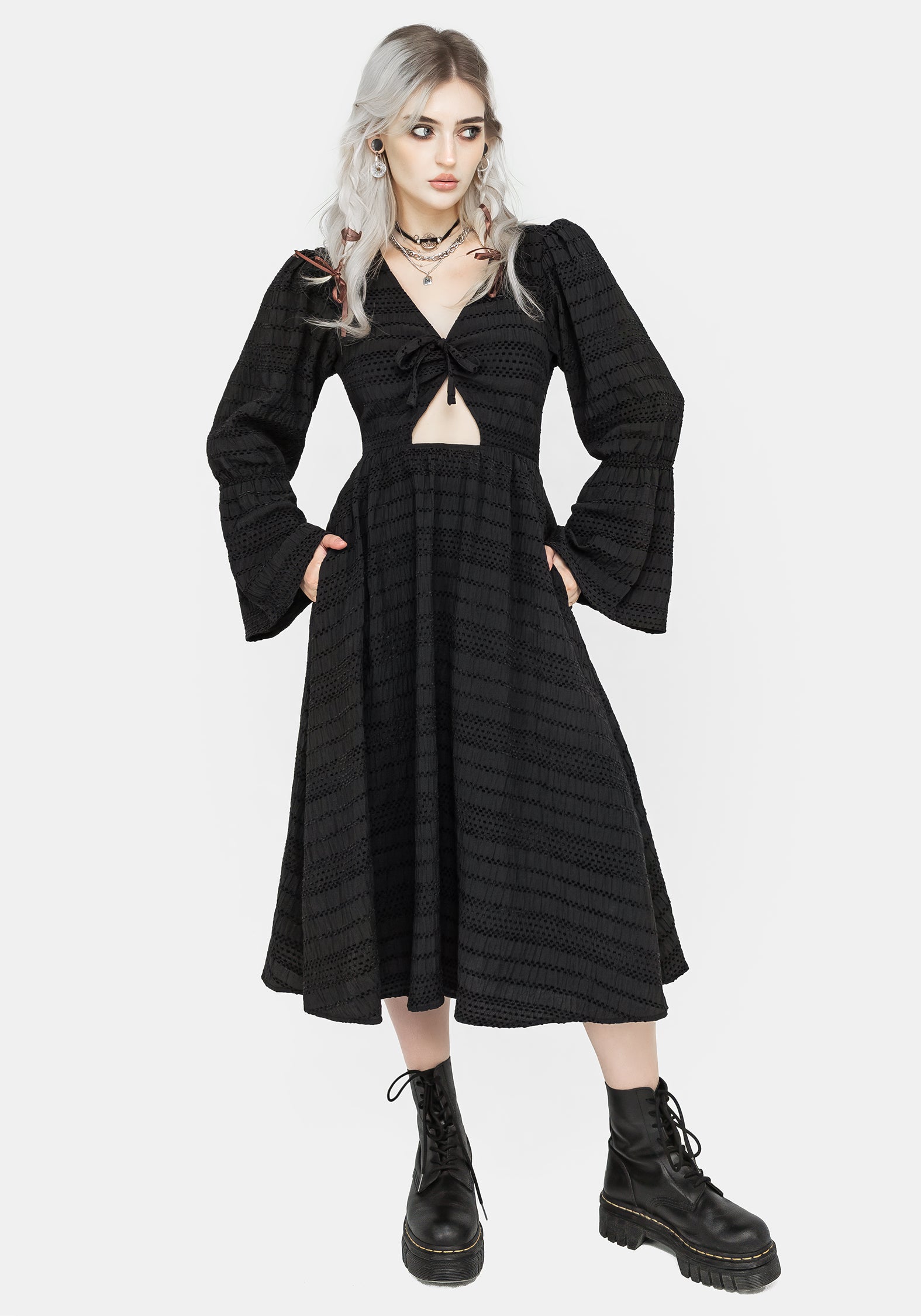 Black Cutout Midi Dress with Puff Sleeves & Side Pockets | Bathsheba