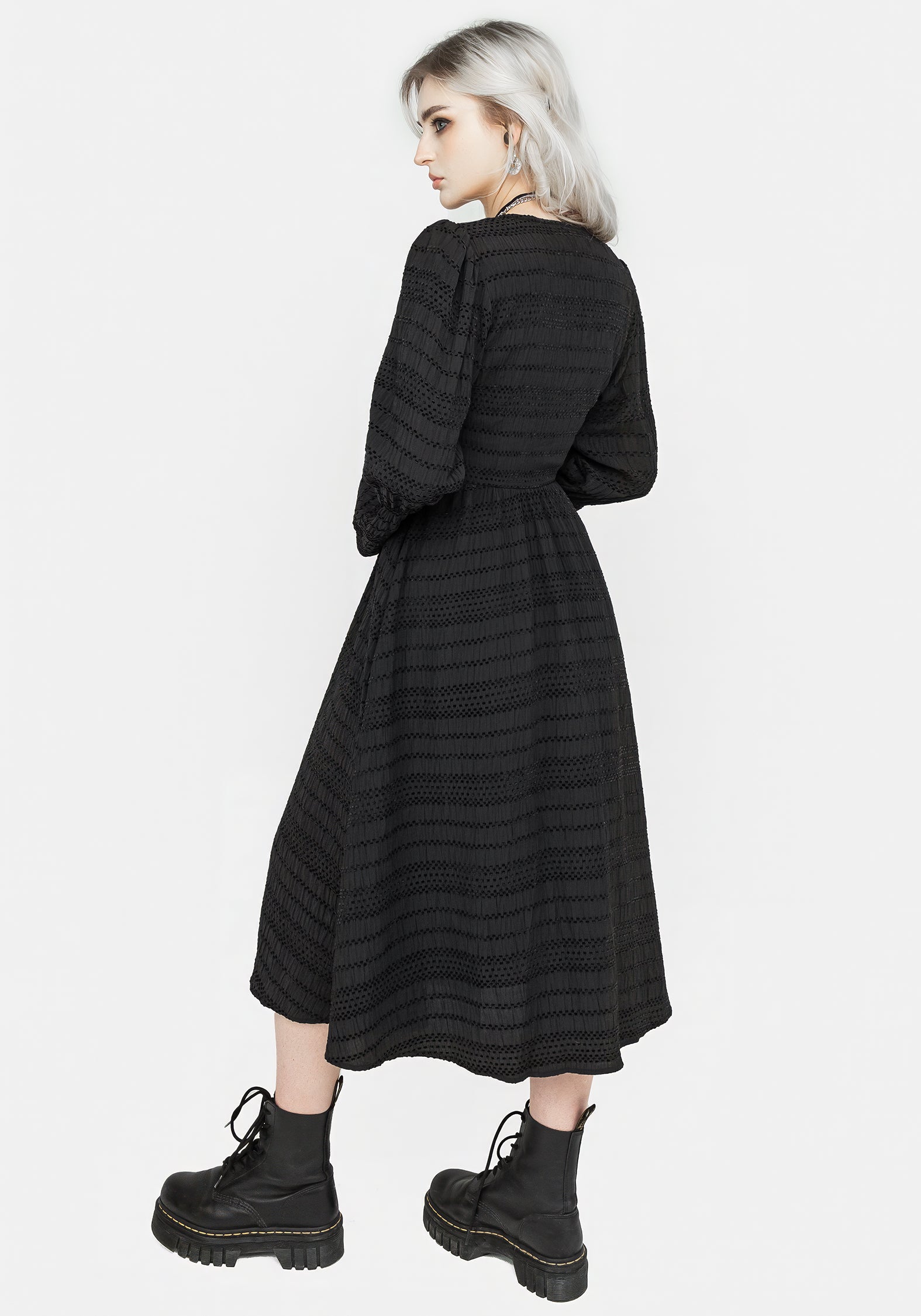 Black Cutout Midi Dress with Puff Sleeves & Side Pockets | Bathsheba