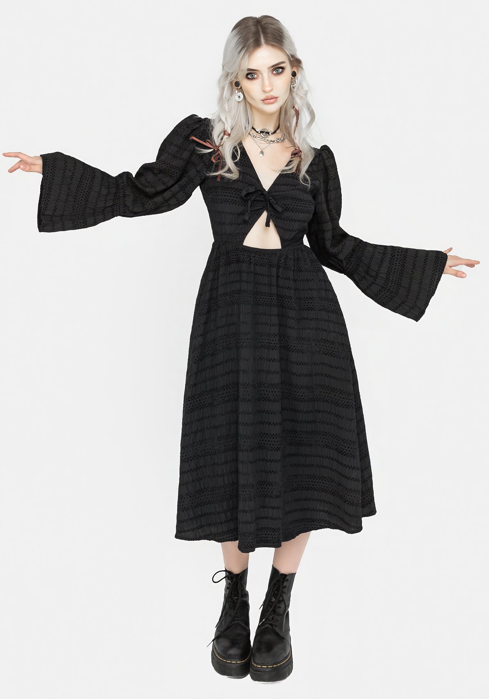 Black Cutout Midi Dress with Puff Sleeves & Side Pockets | Bathsheba