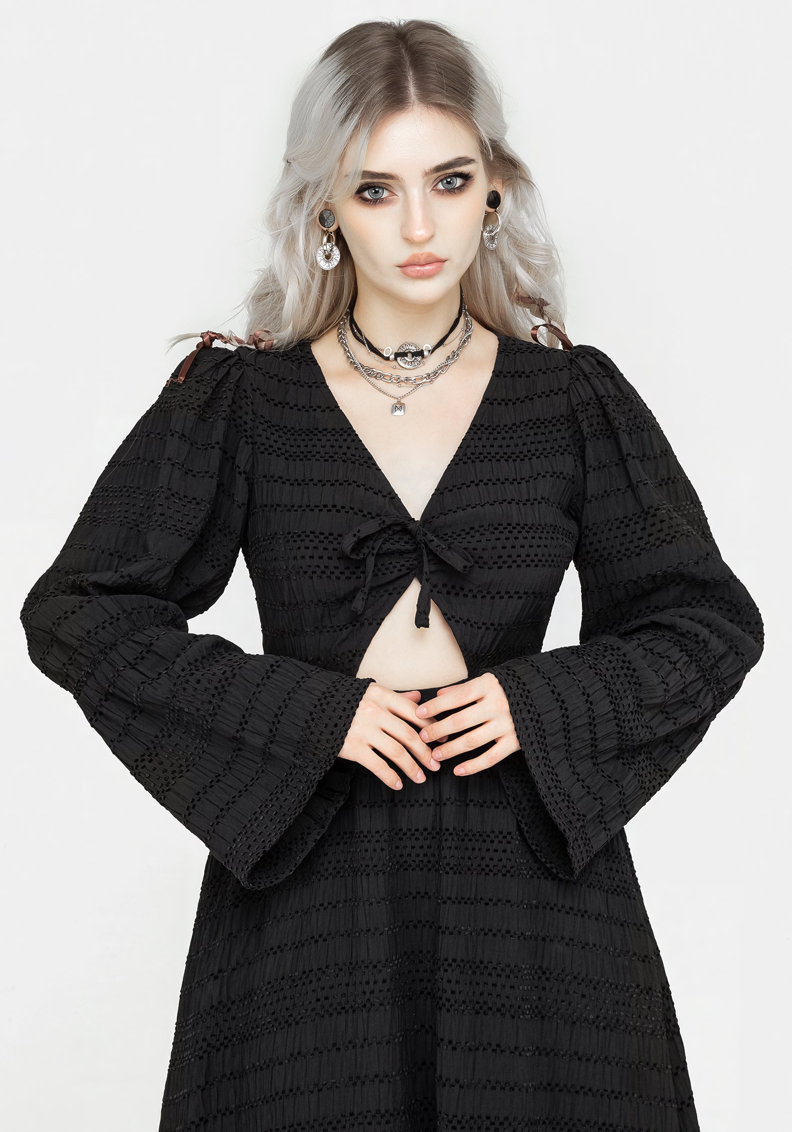 Black Cutout Midi Dress with Puff Sleeves & Side Pockets | Bathsheba