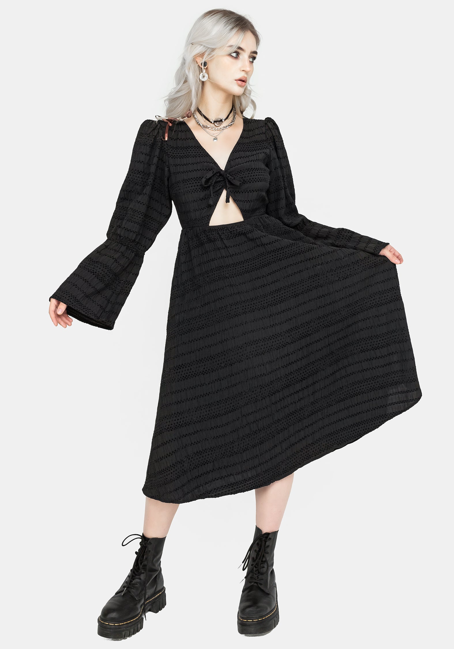 Black Cutout Midi Dress with Puff Sleeves & Side Pockets | Bathsheba