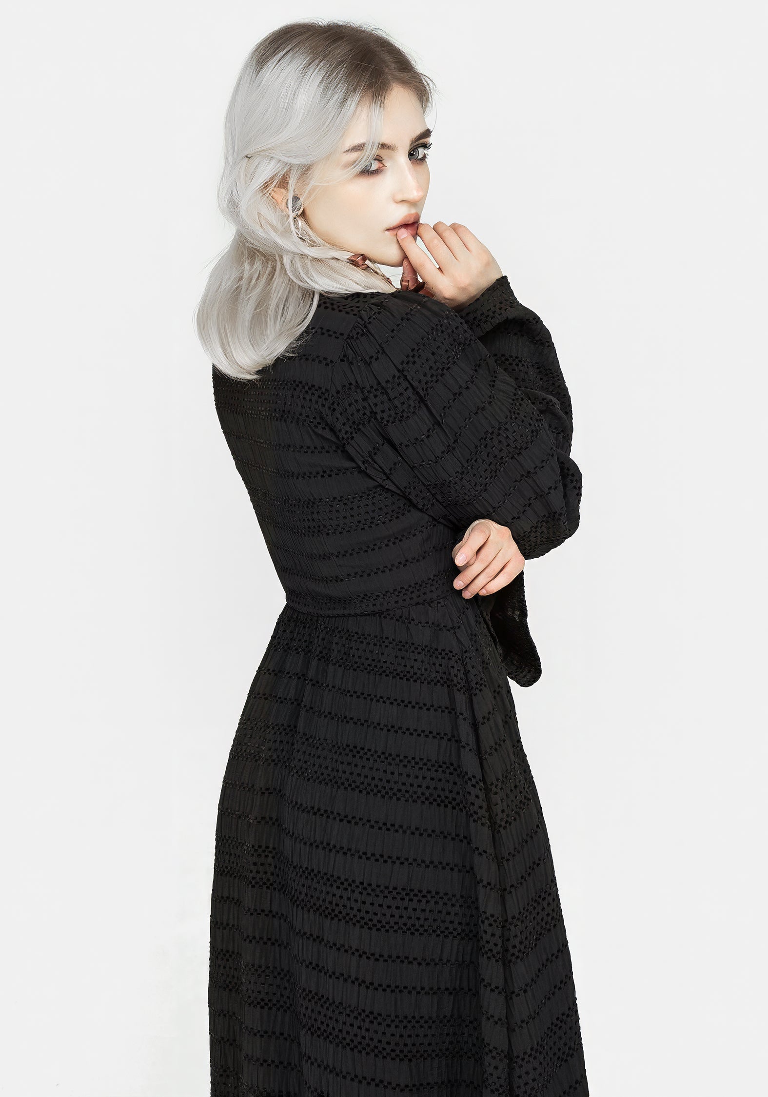 Black Cutout Midi Dress with Puff Sleeves & Side Pockets | Bathsheba