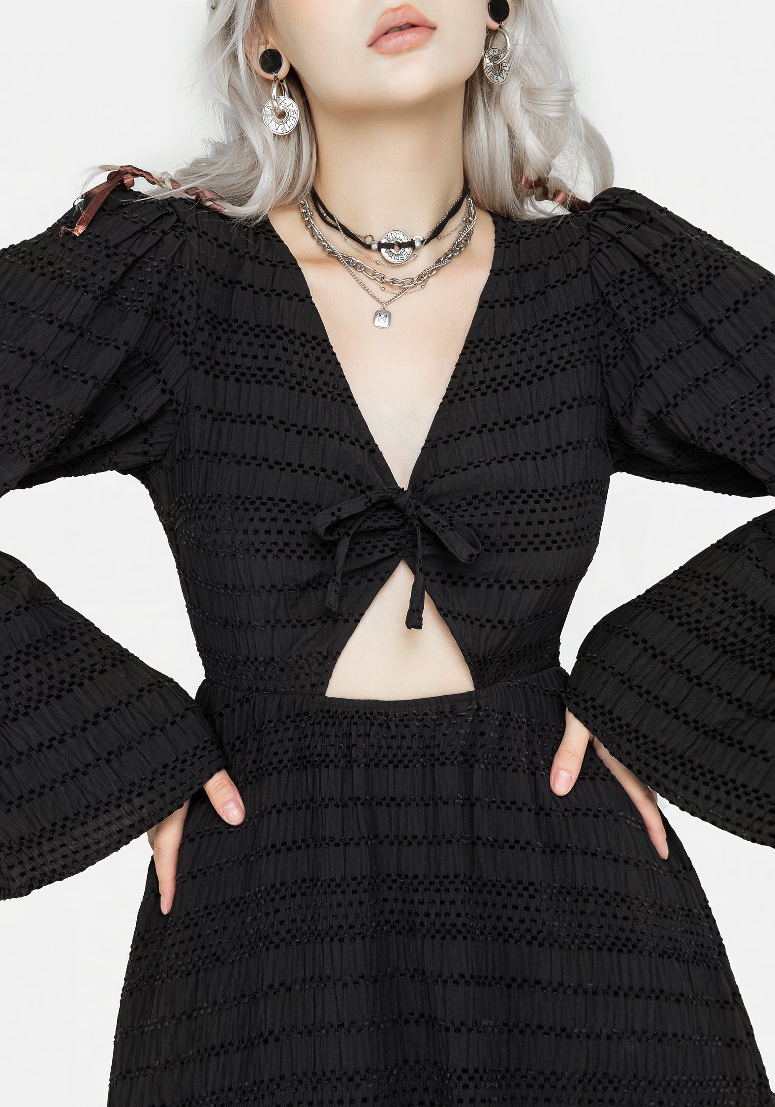 Black Cutout Midi Dress with Puff Sleeves & Side Pockets | Bathsheba