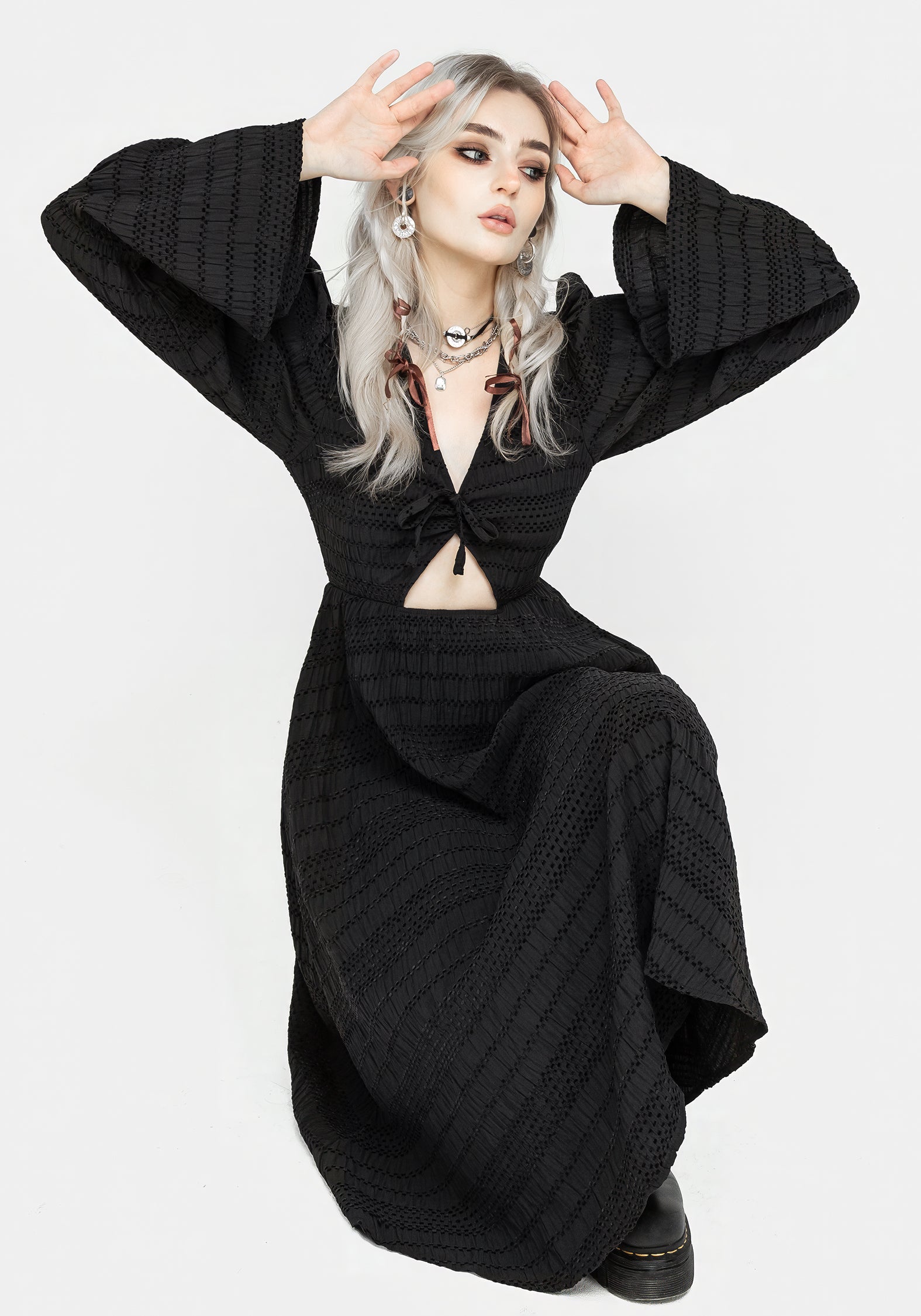 Black Cutout Midi Dress with Puff Sleeves & Side Pockets | Bathsheba