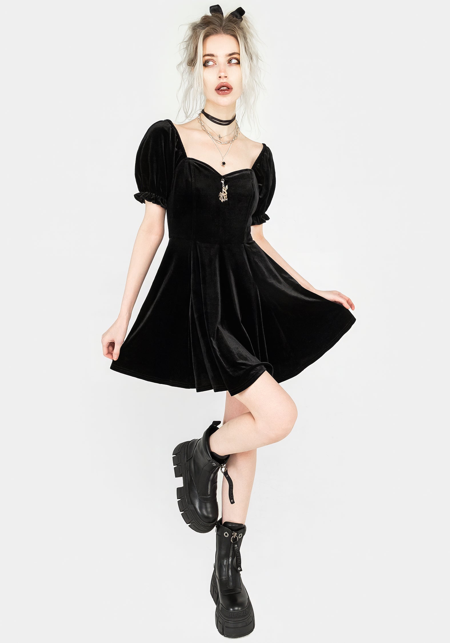 Black Velvet Corset Mini Dress with Dragon Charm | Drakon Velour