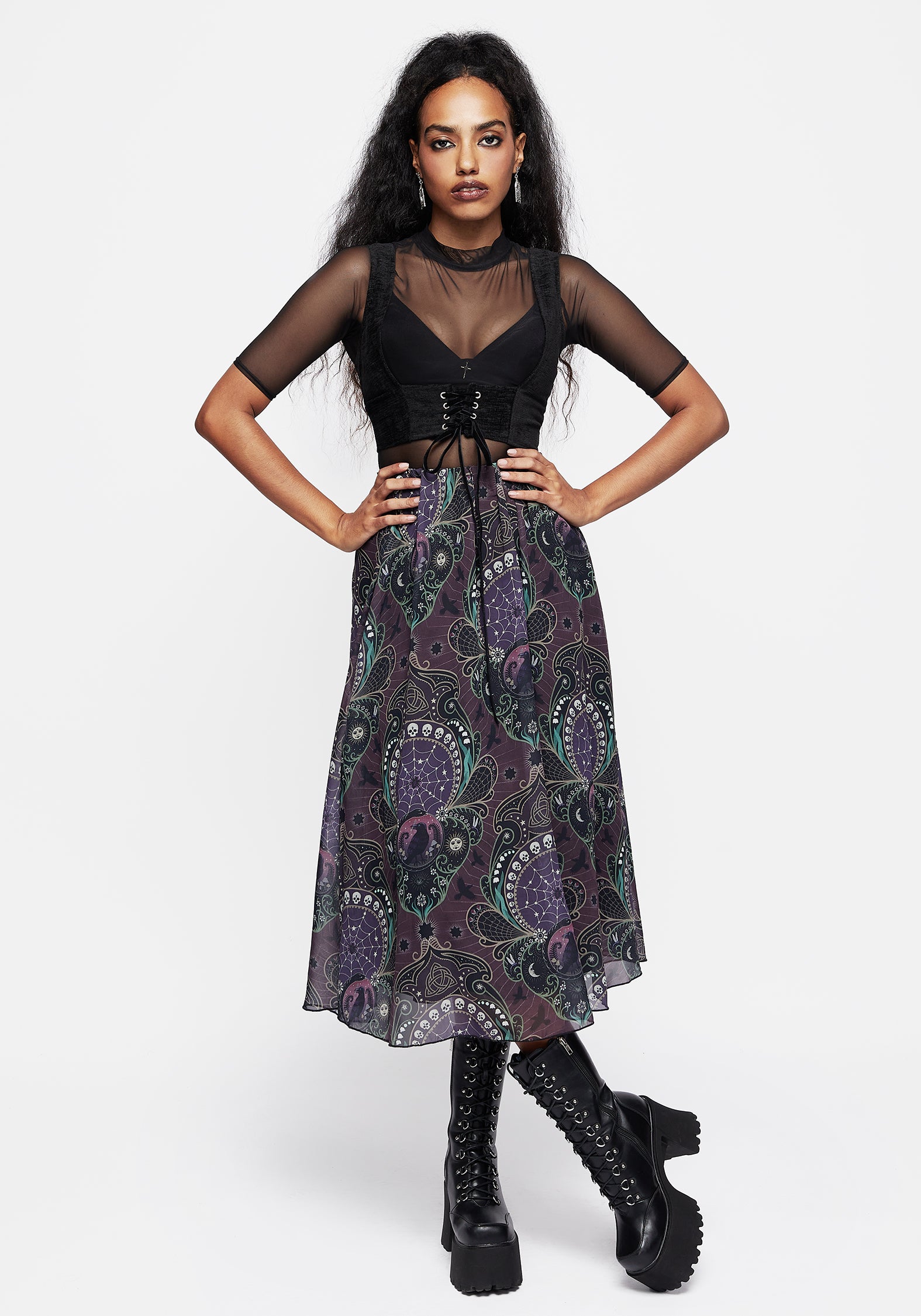 Gothic Print Chiffon Midi Skirt with Black Lining | Clarette