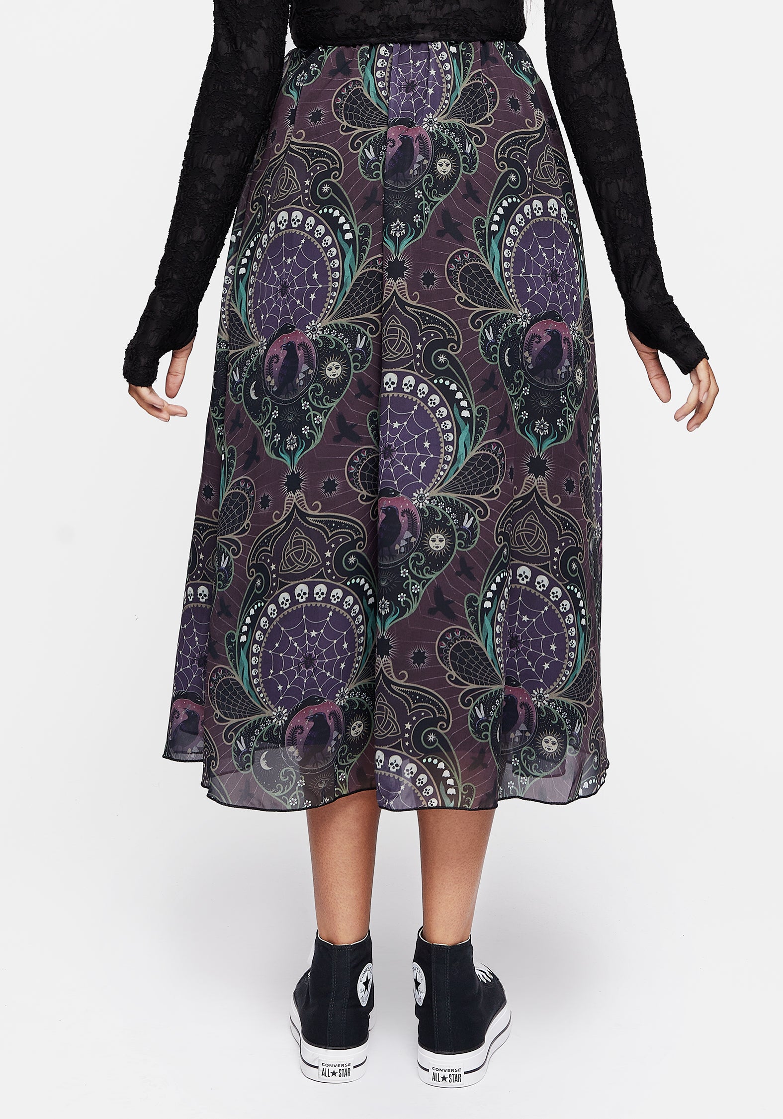 Gothic Print Chiffon Midi Skirt with Black Lining | Clarette