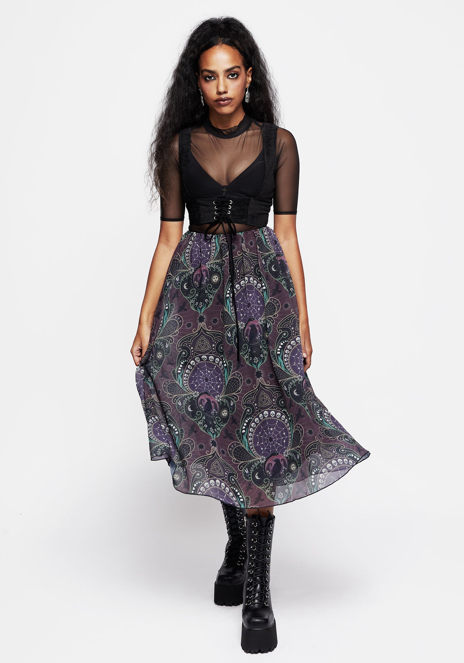 Gothic Print Chiffon Midi Skirt with Black Lining | Clarette