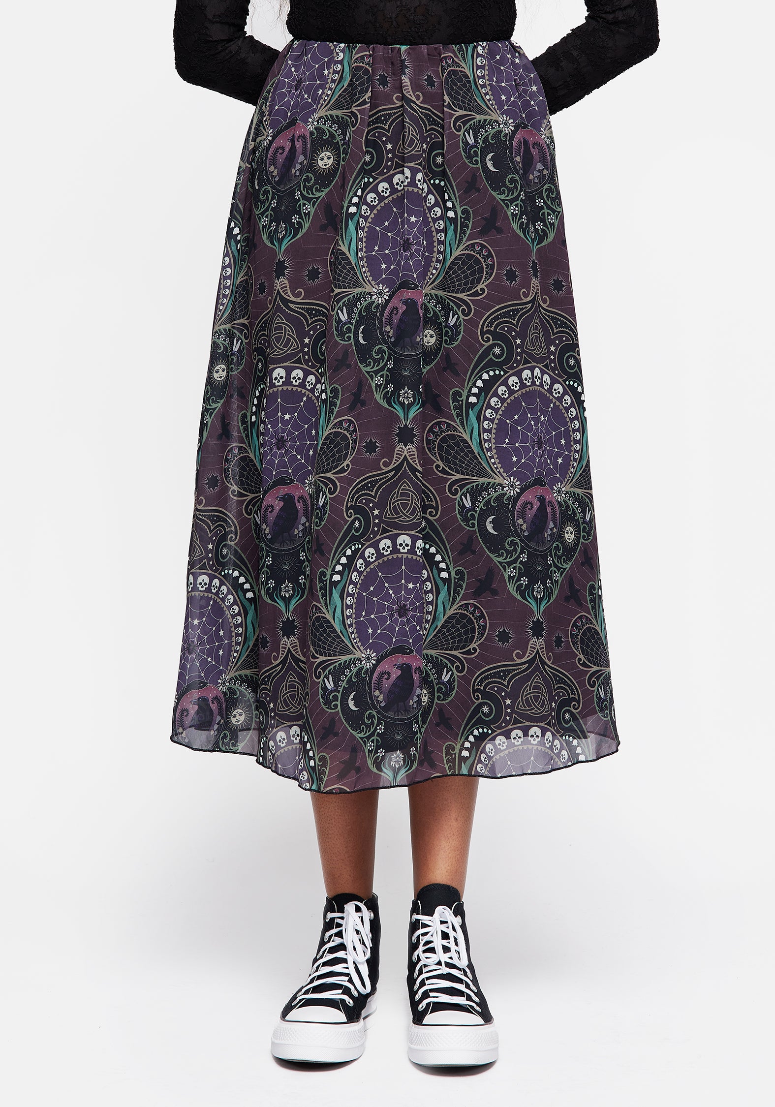 Gothic Print Chiffon Midi Skirt with Black Lining | Clarette