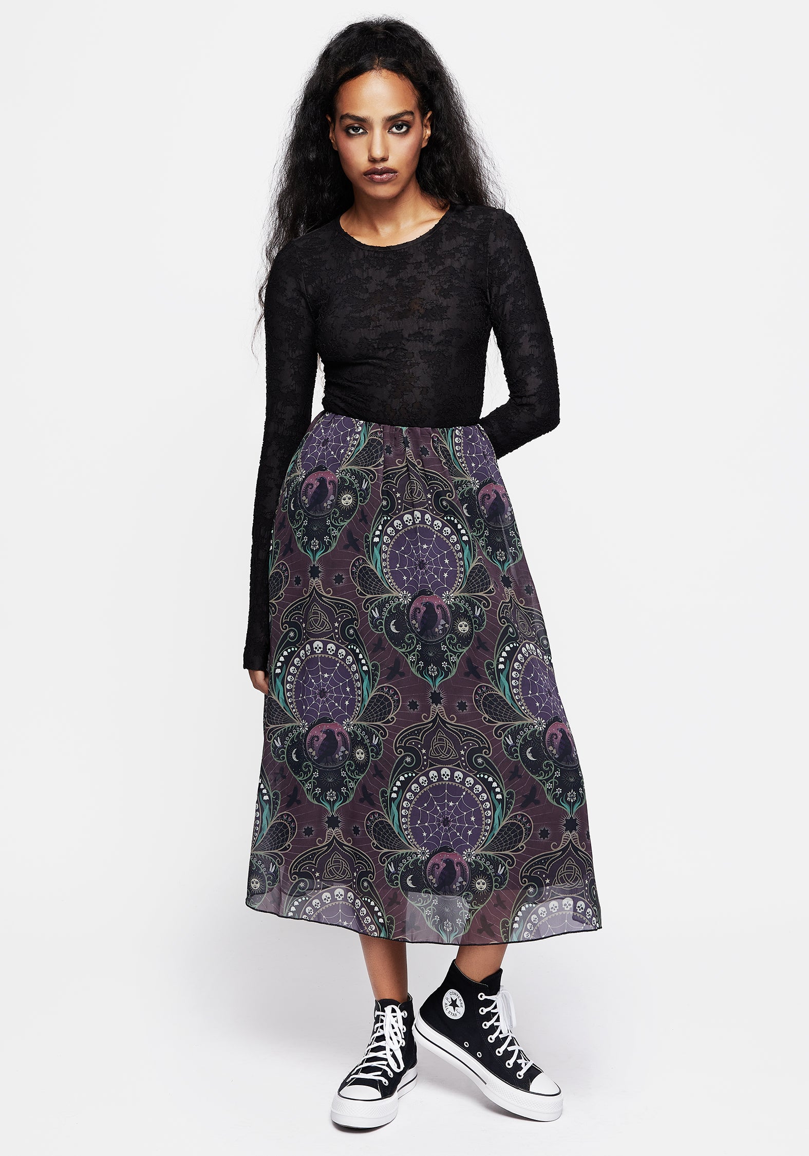 Gothic Print Chiffon Midi Skirt with Black Lining | Clarette