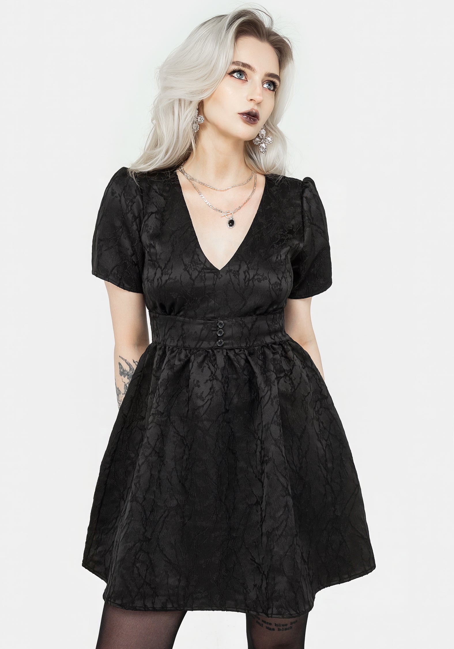 Black Floral Jacquard V-Neck Mini Dress with Gathered Skirt | Fracture