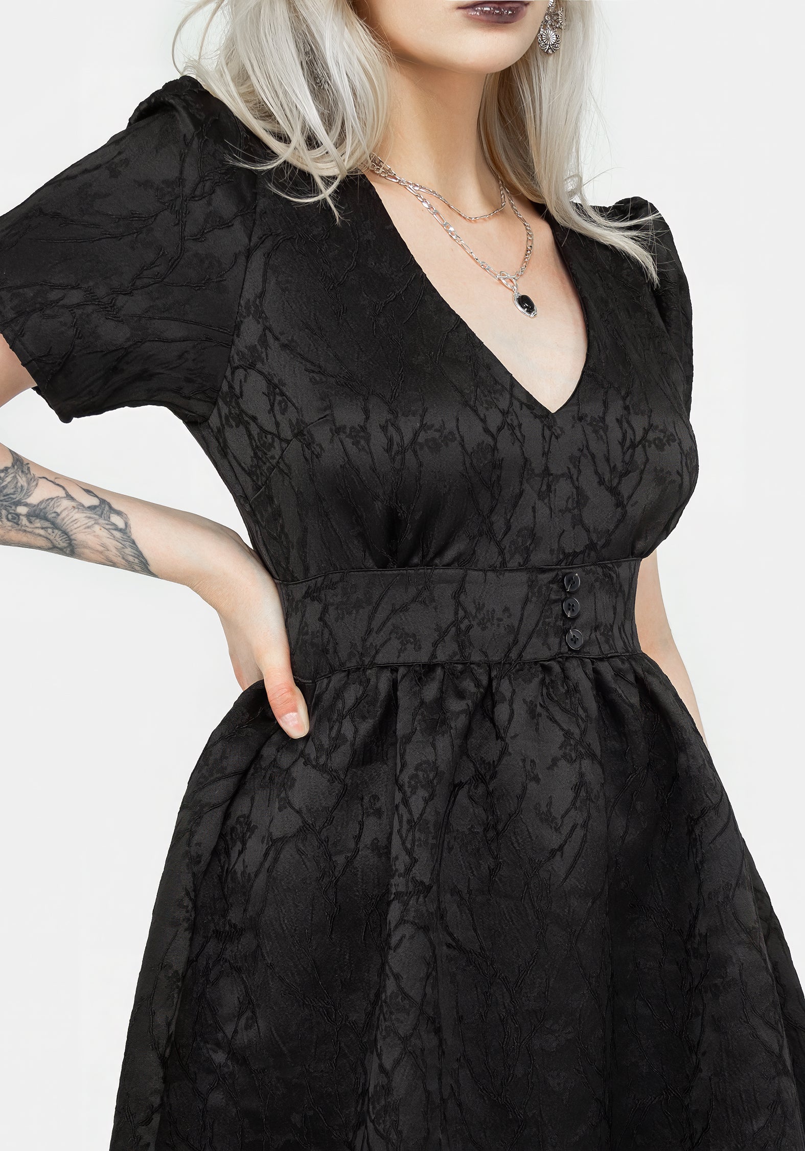 Black Floral Jacquard V-Neck Mini Dress with Gathered Skirt | Fracture