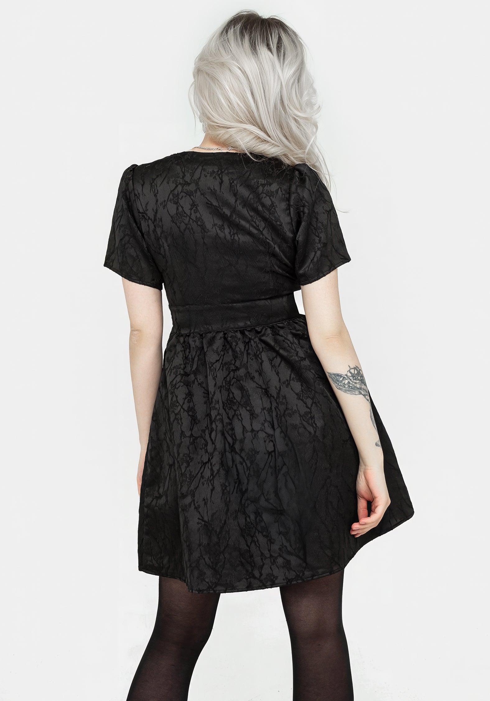 Black Floral Jacquard V-Neck Mini Dress with Gathered Skirt | Fracture