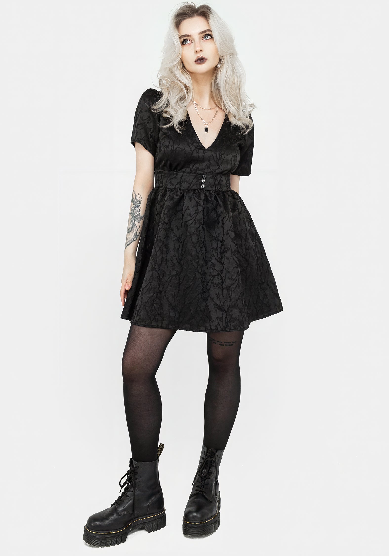 Black Floral Jacquard V-Neck Mini Dress with Gathered Skirt | Fracture