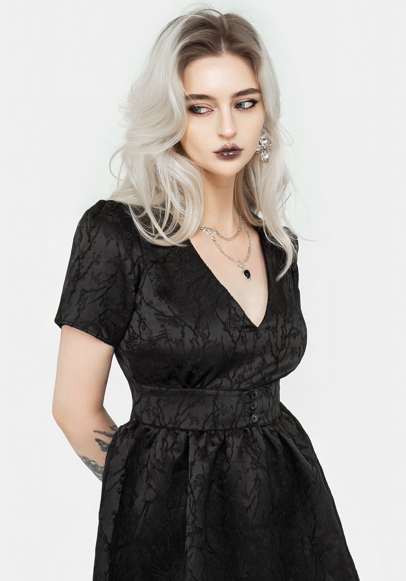 Black Floral Jacquard V-Neck Mini Dress with Gathered Skirt | Fracture