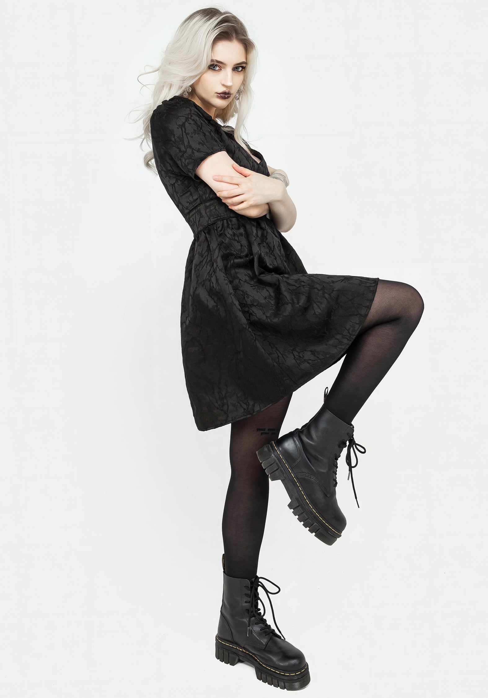 Black Floral Jacquard V-Neck Mini Dress with Gathered Skirt | Fracture