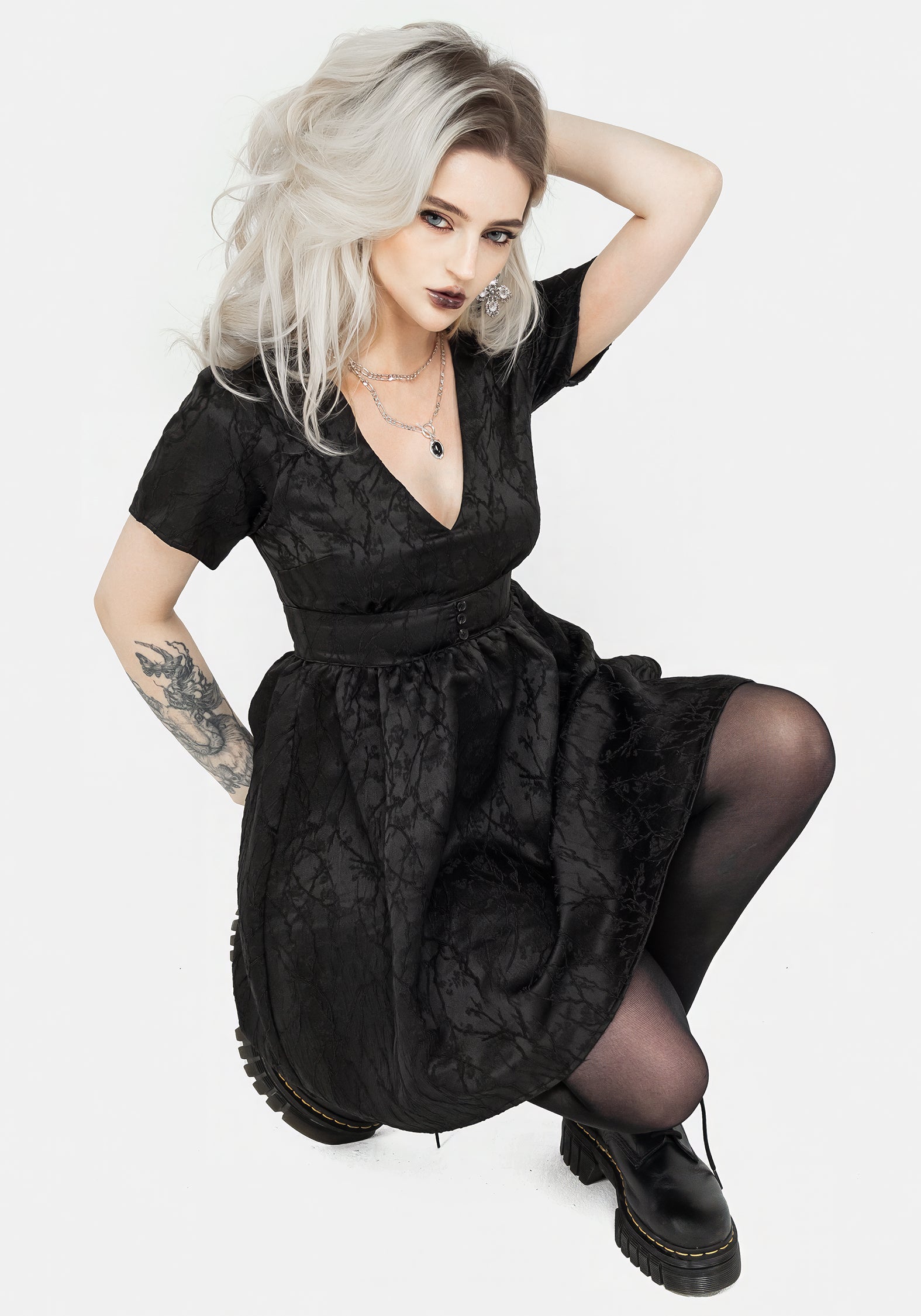 Black Floral Jacquard V-Neck Mini Dress with Gathered Skirt | Fracture