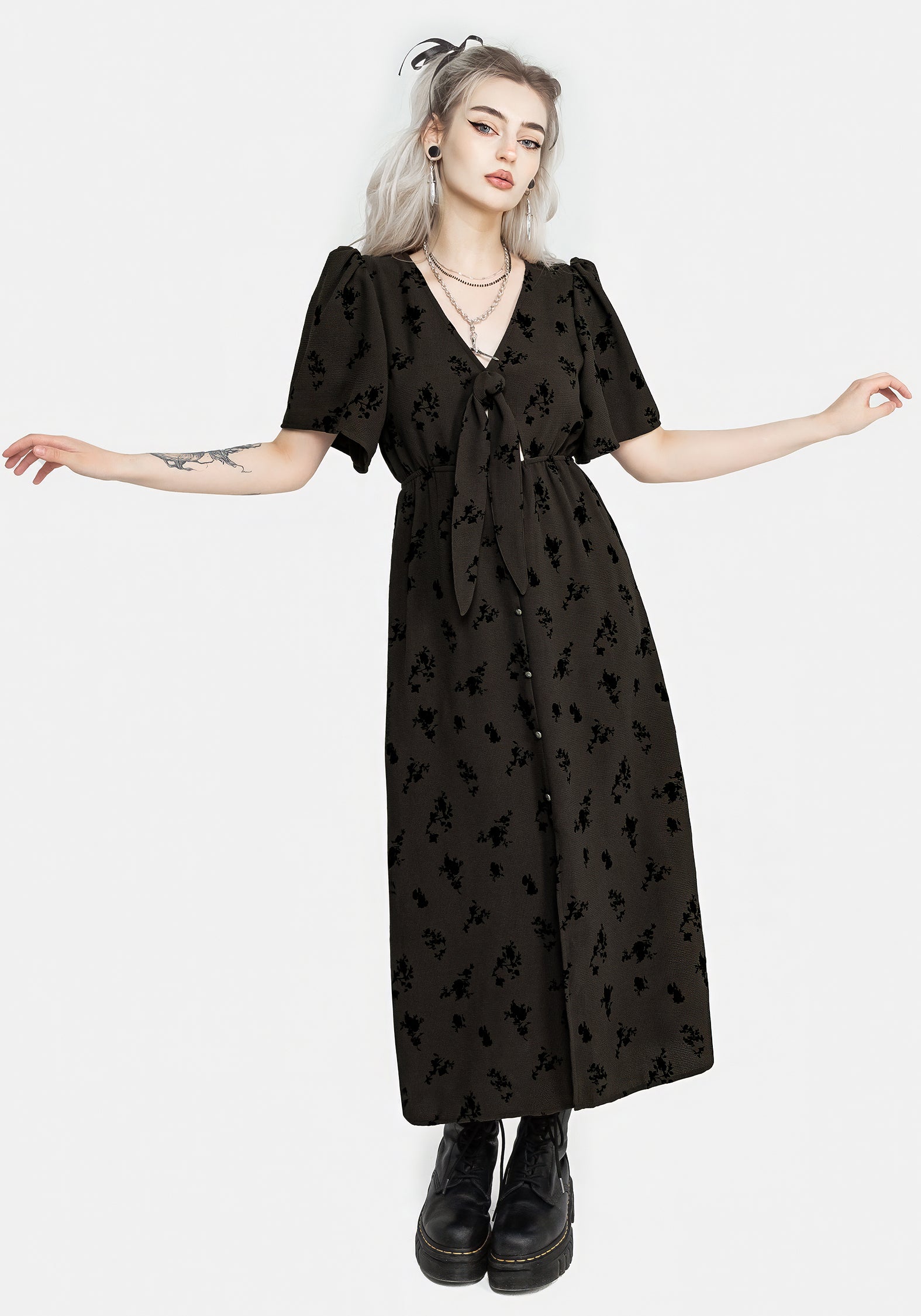 Brown Floral Cut-Out Midi Dress with V-Neck & Bouffant Sleeves | Dahlia