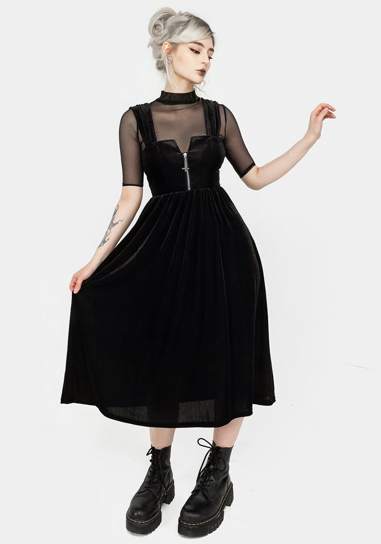 Black Ribbed Zip-Front Midi Dress with Square Neckline | Heartless