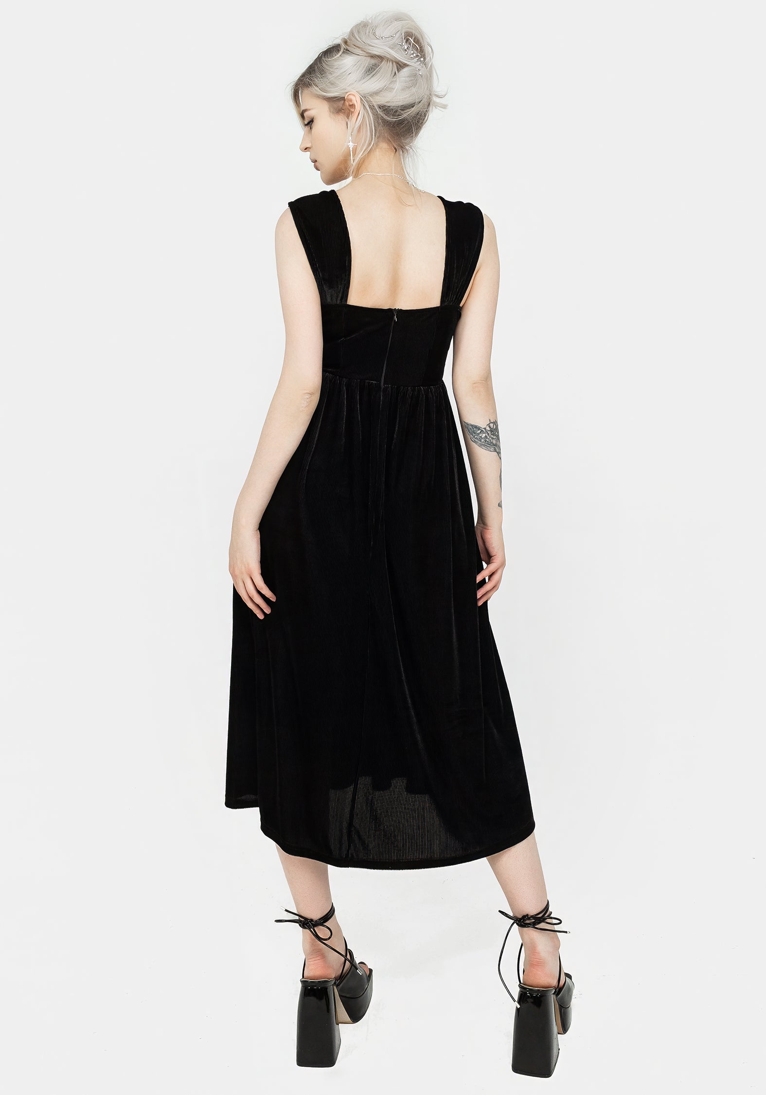Black Ribbed Zip-Front Midi Dress with Square Neckline | Heartless