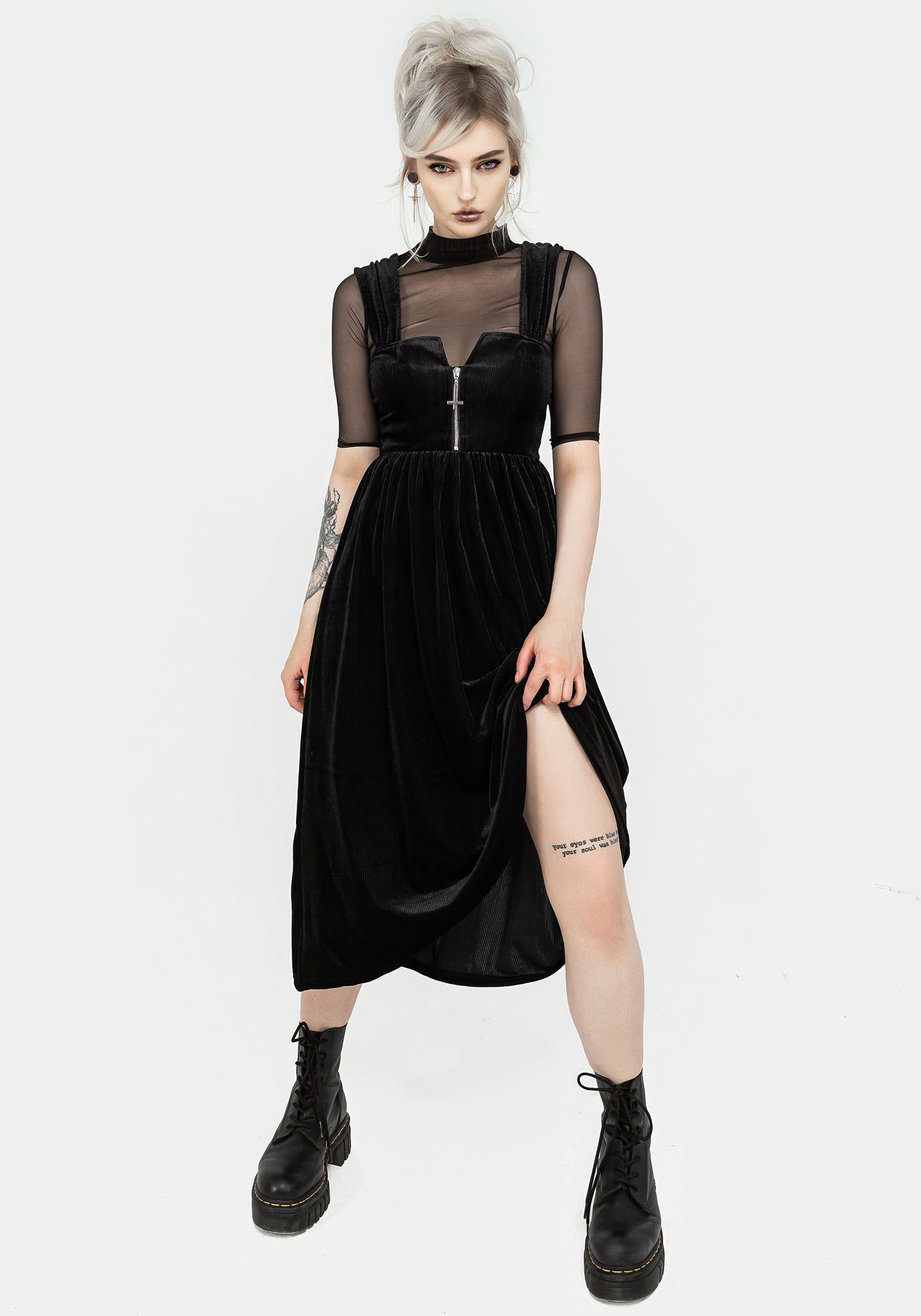 Black Ribbed Zip-Front Midi Dress with Square Neckline | Heartless