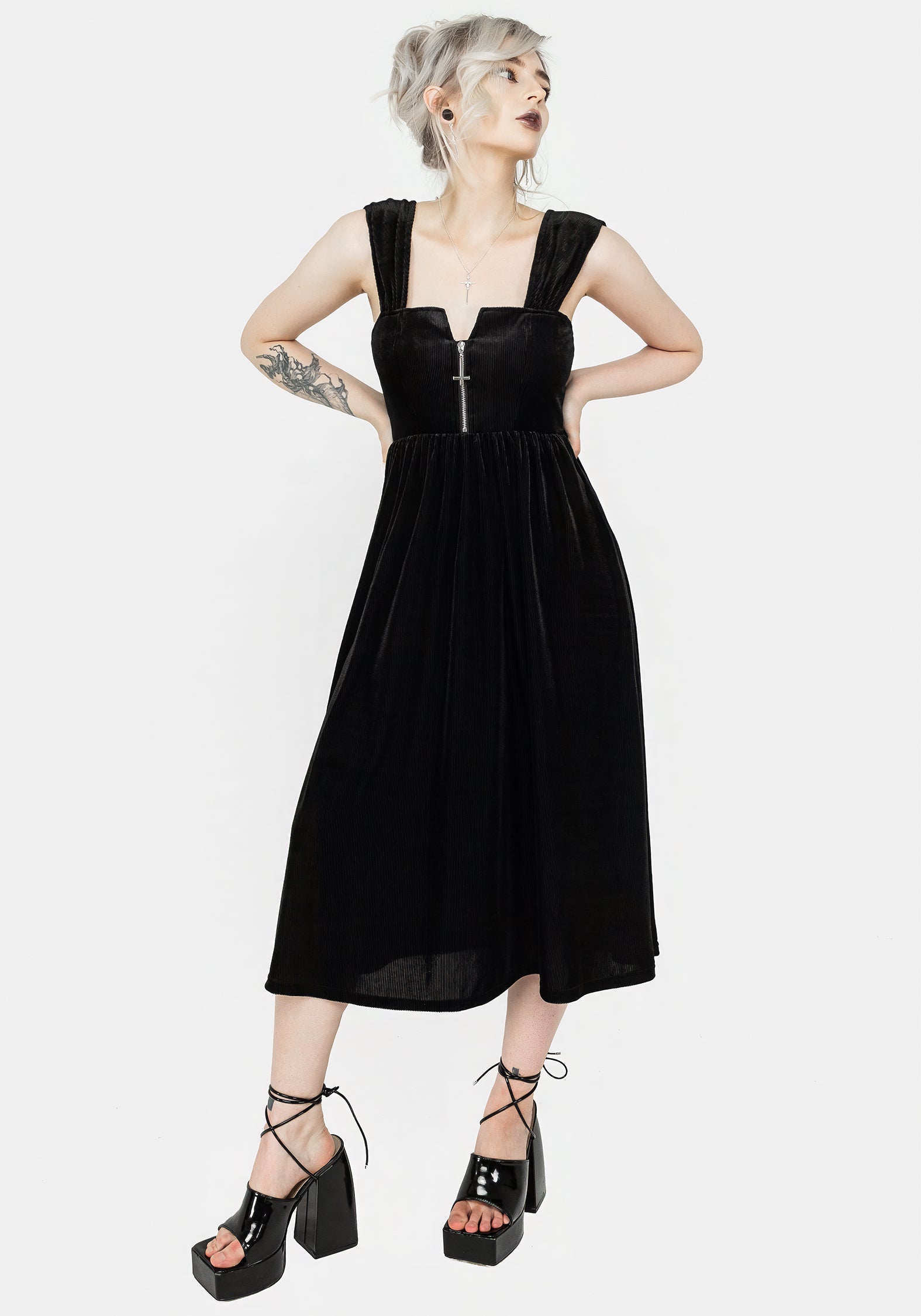 Black Ribbed Zip-Front Midi Dress with Square Neckline | Heartless