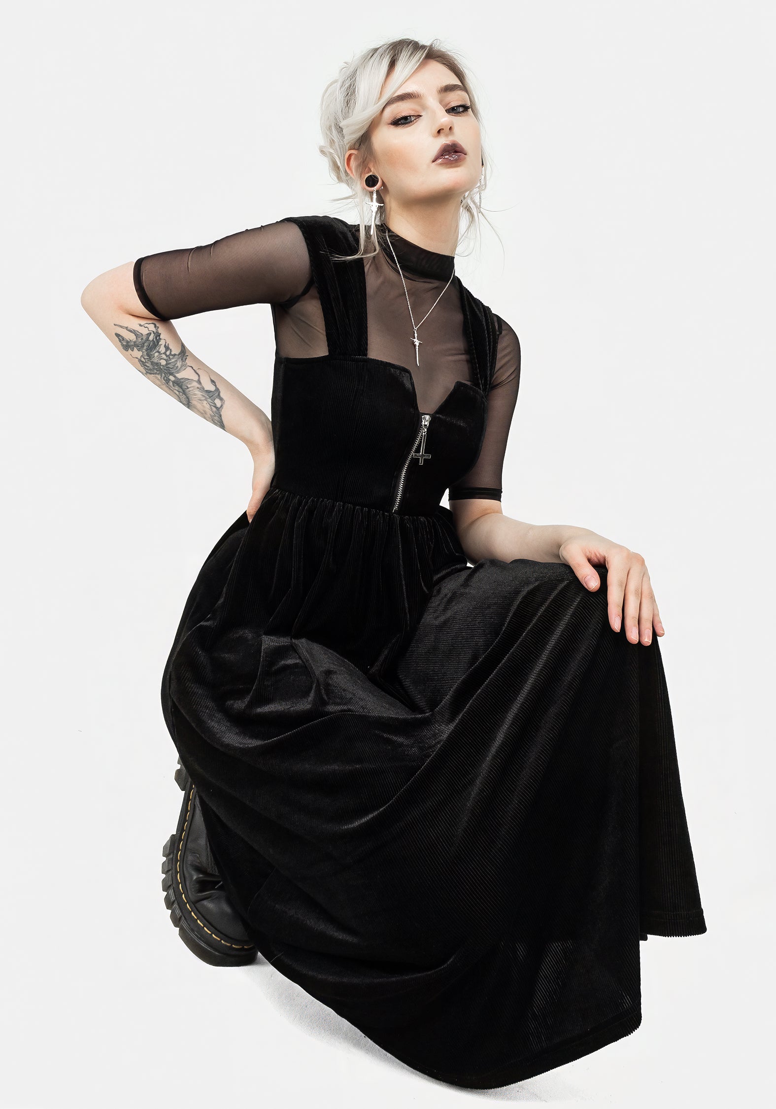 Black Ribbed Zip-Front Midi Dress with Square Neckline | Heartless
