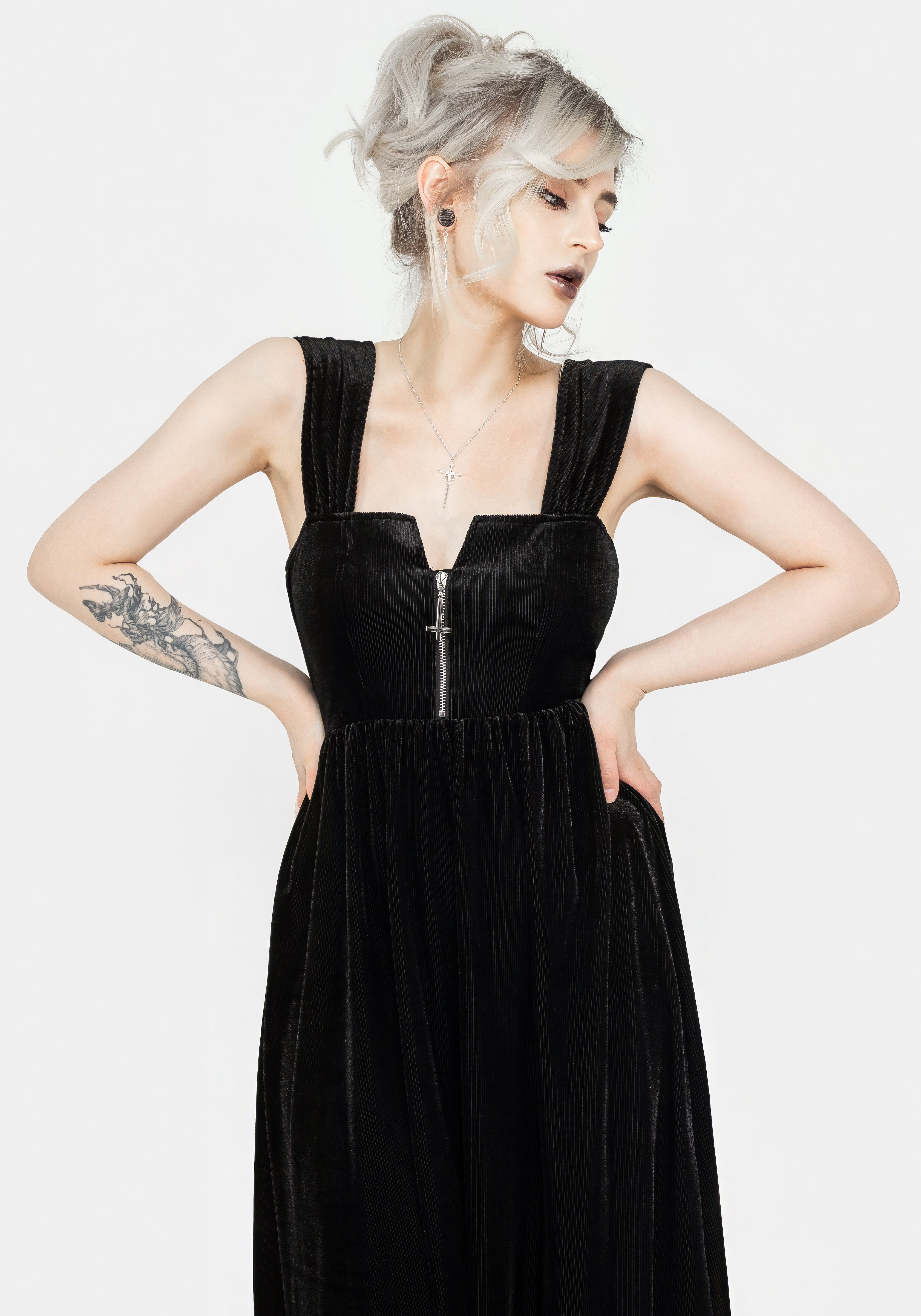 Black Ribbed Zip-Front Midi Dress with Square Neckline | Heartless
