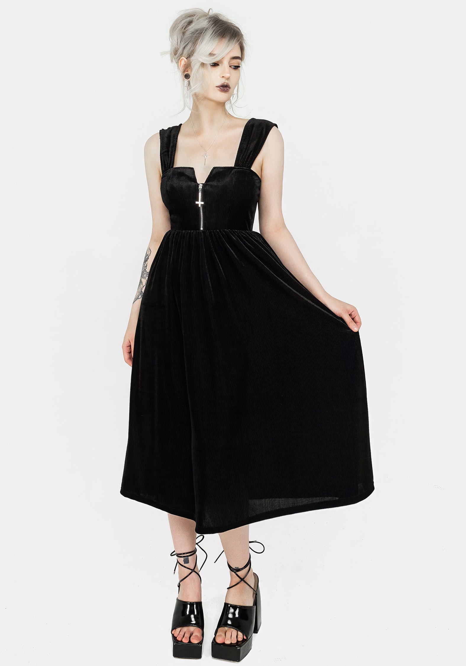 Black Ribbed Zip-Front Midi Dress with Square Neckline | Heartless