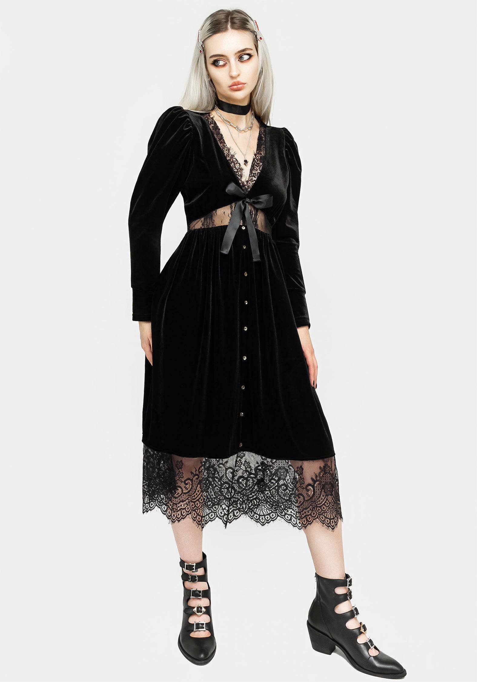 Black Velour Midi Dress with Lace Panels & Mutton Sleeves | Mausoleum