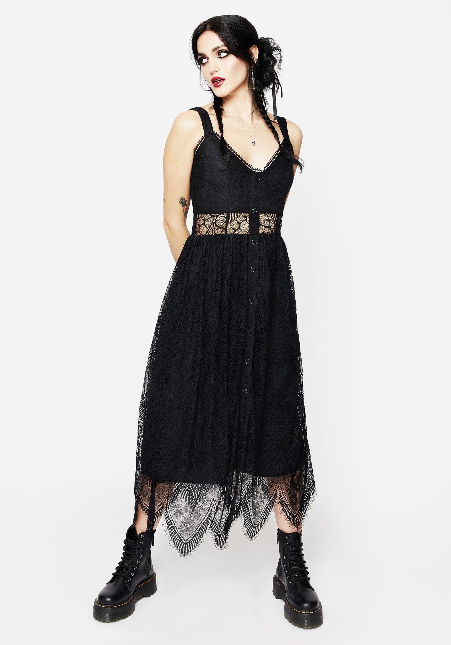 Black Floral Lace Cami Dress with Button Front | Poltergeist