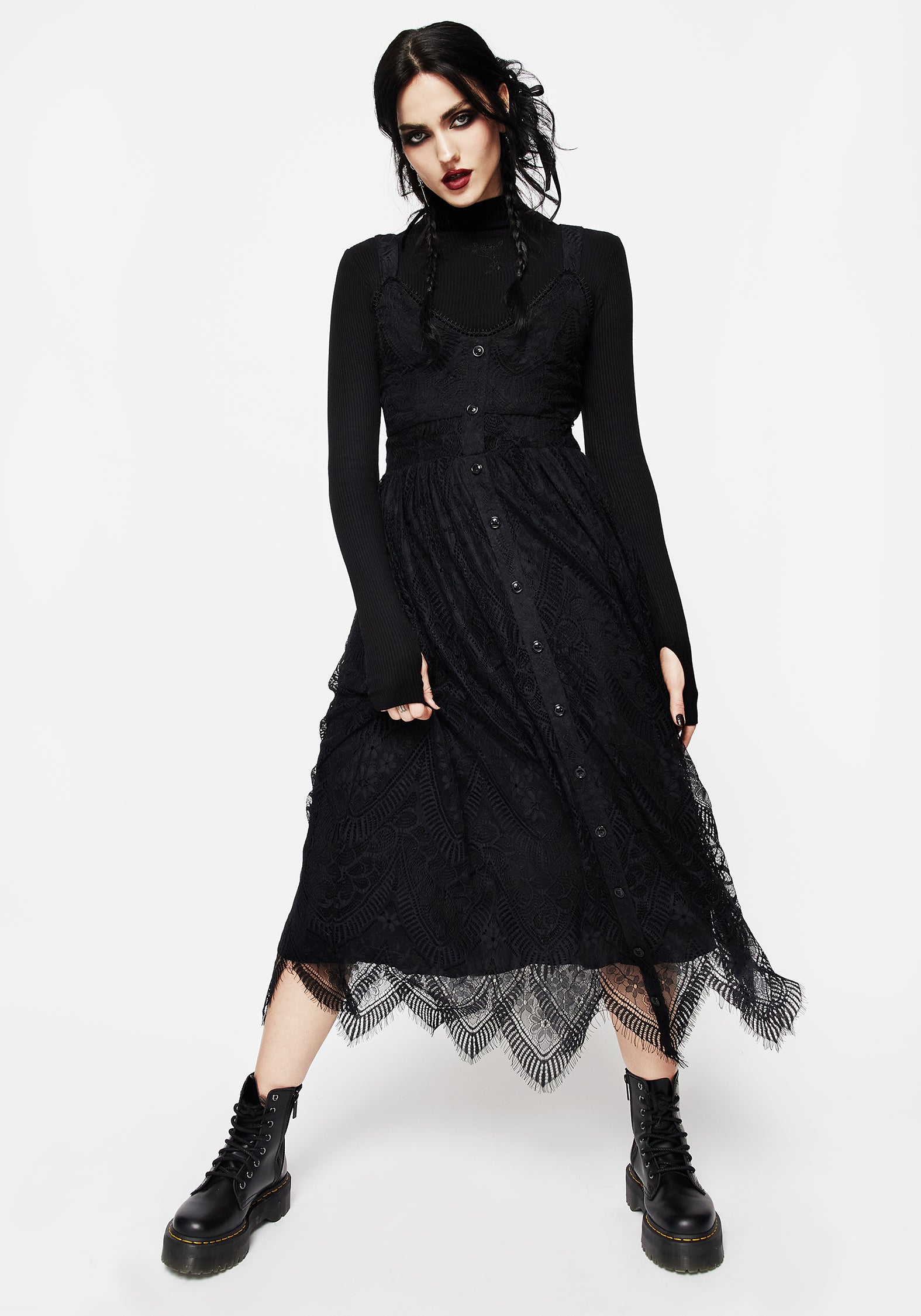 Black Floral Lace Cami Dress with Button Front | Poltergeist