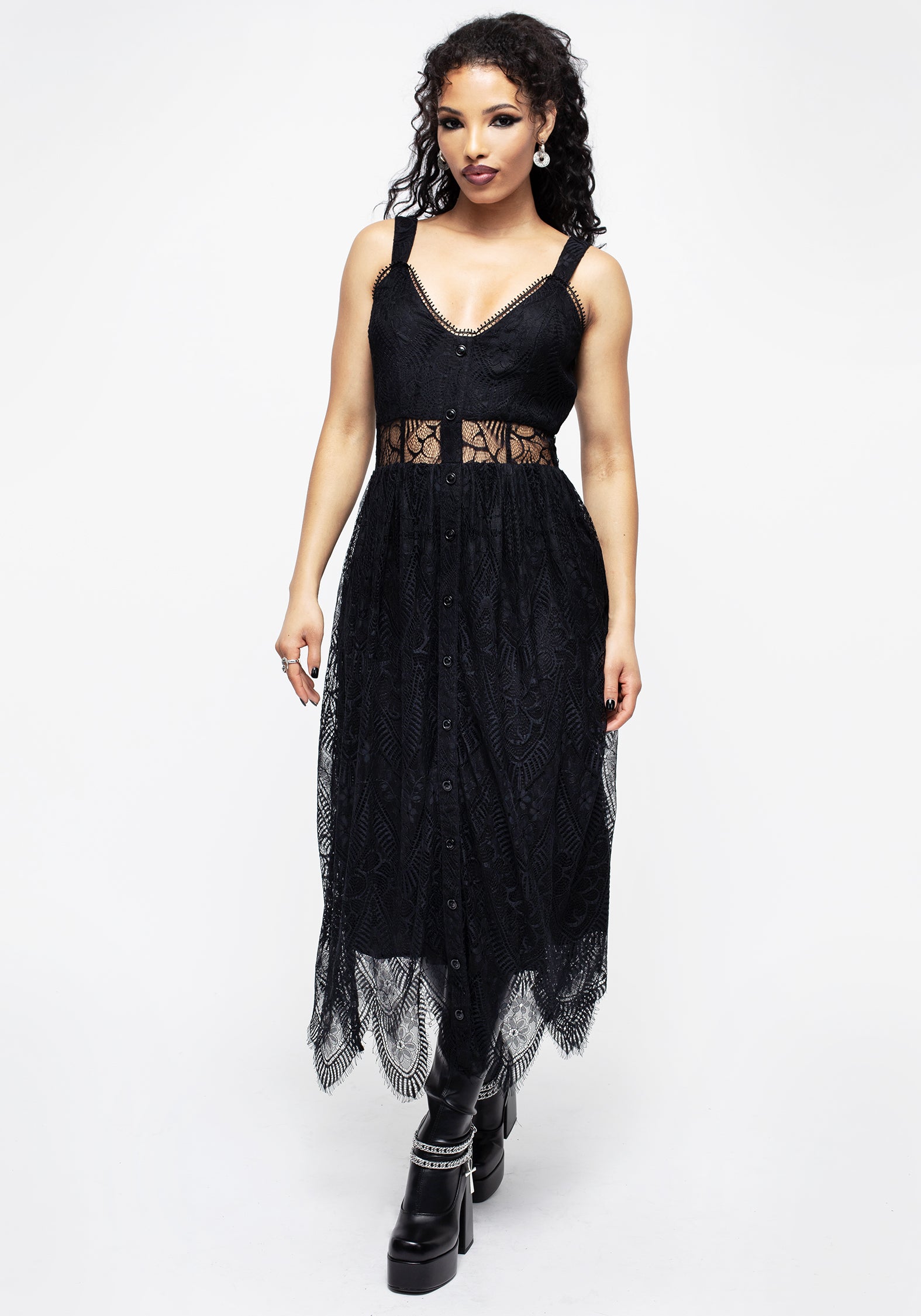 Black Floral Lace Cami Dress with Button Front | Poltergeist
