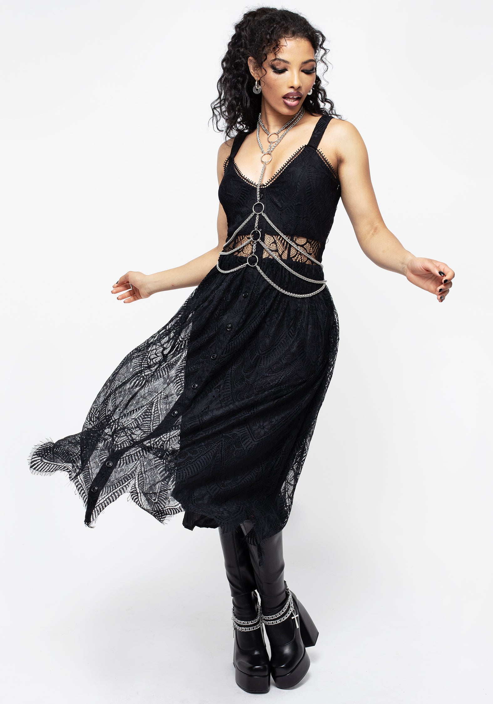 Black Floral Lace Cami Dress with Button Front | Poltergeist