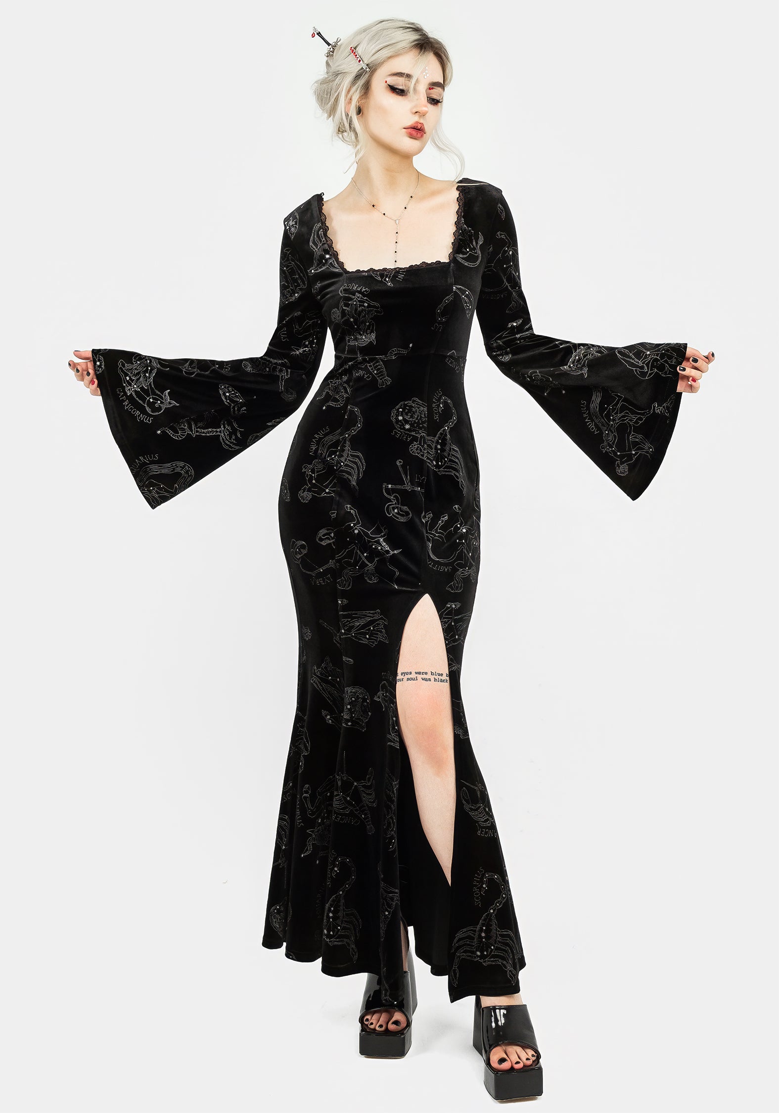 Black Velour Maxi Gown with Zodiac Foil Print | Fluted Sleeves
