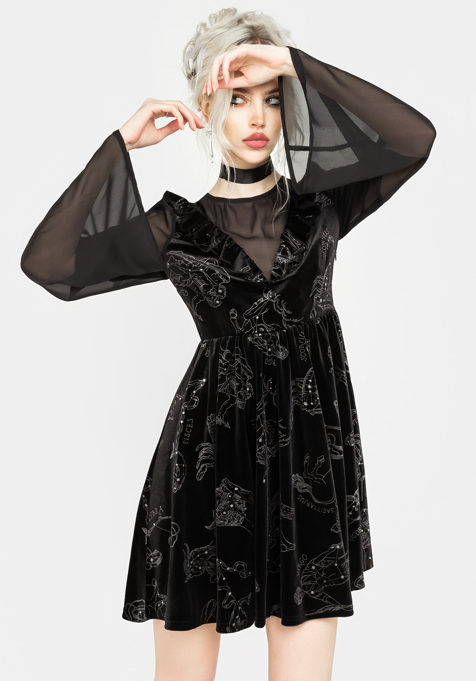 Black Velour Zodiac Foil Print Mini Dress with Sheer Mesh | Celestial Fashion