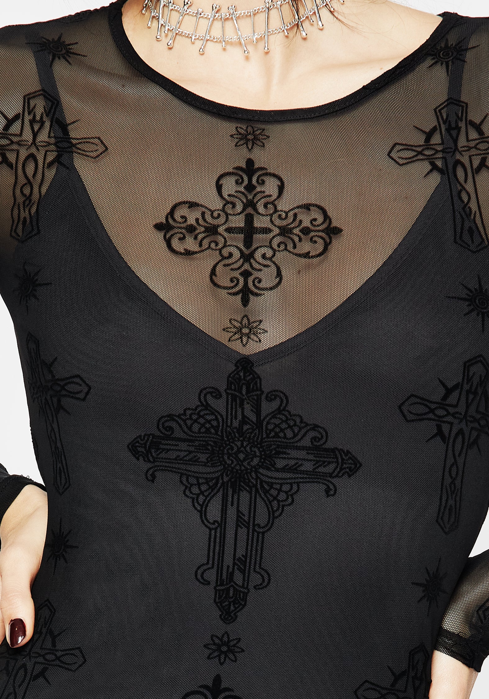Black Flocked Mesh Maxi Dress with Crucifix Design | Priestess