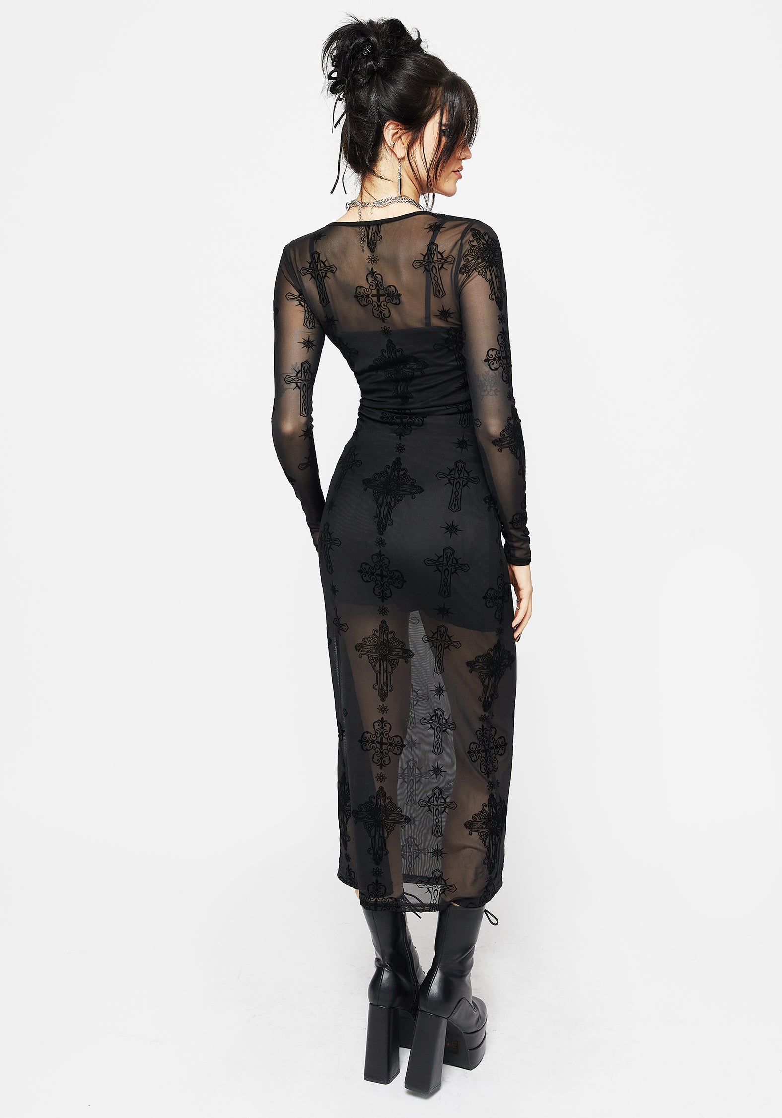 Black Flocked Mesh Maxi Dress with Crucifix Design | Priestess