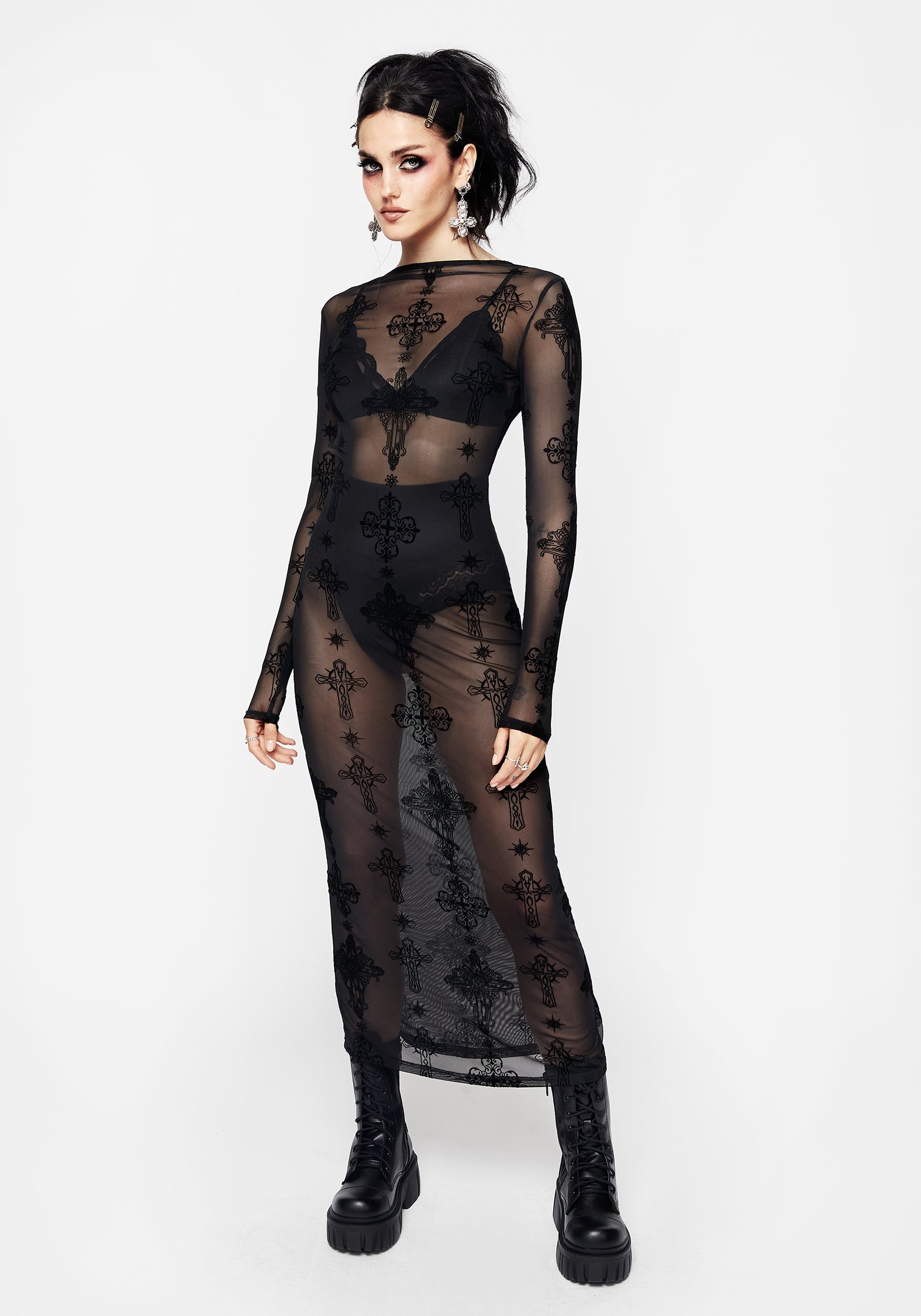 Black Flocked Mesh Maxi Dress with Crucifix Design | Priestess