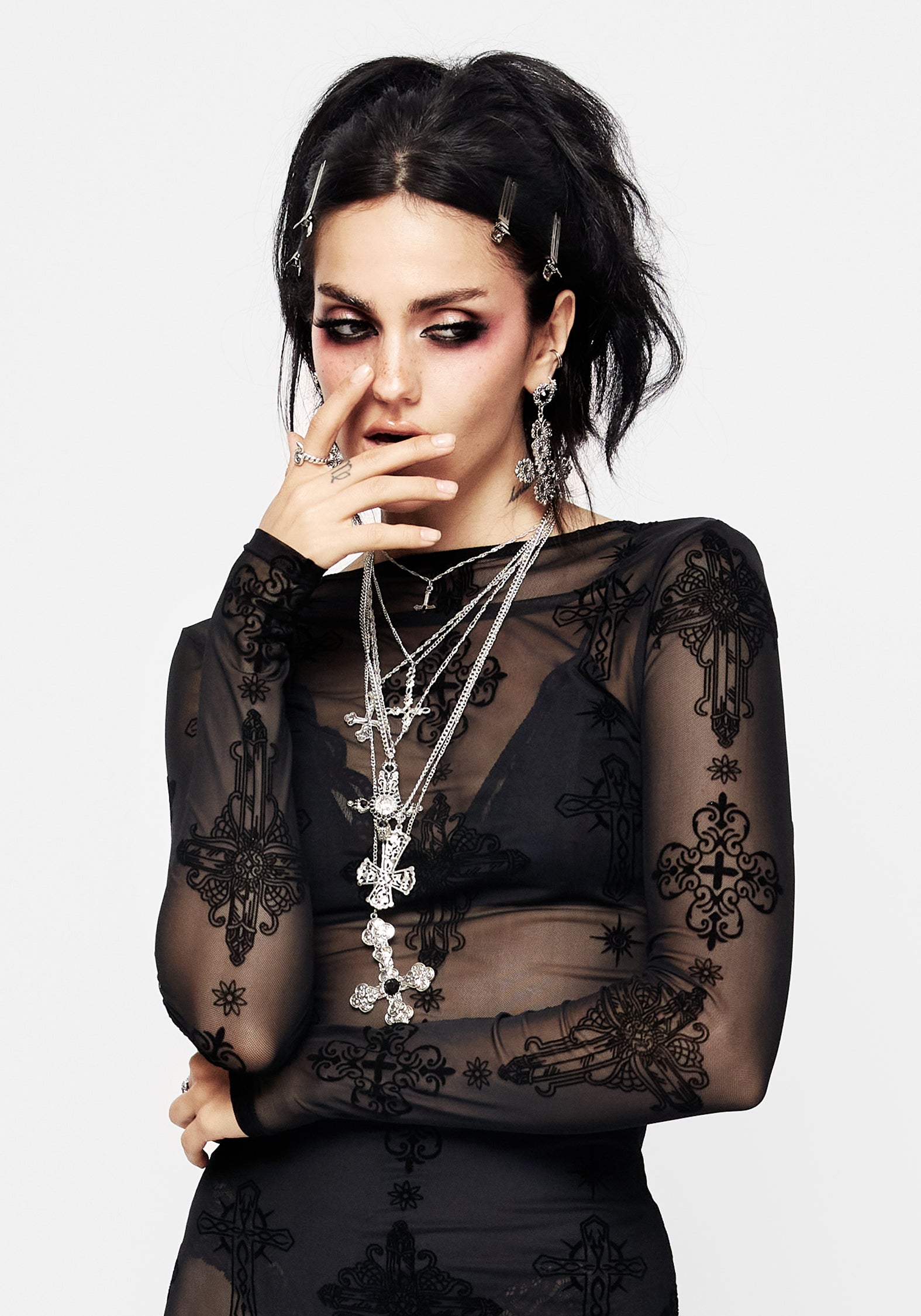 Black Flocked Mesh Maxi Dress with Crucifix Design | Priestess