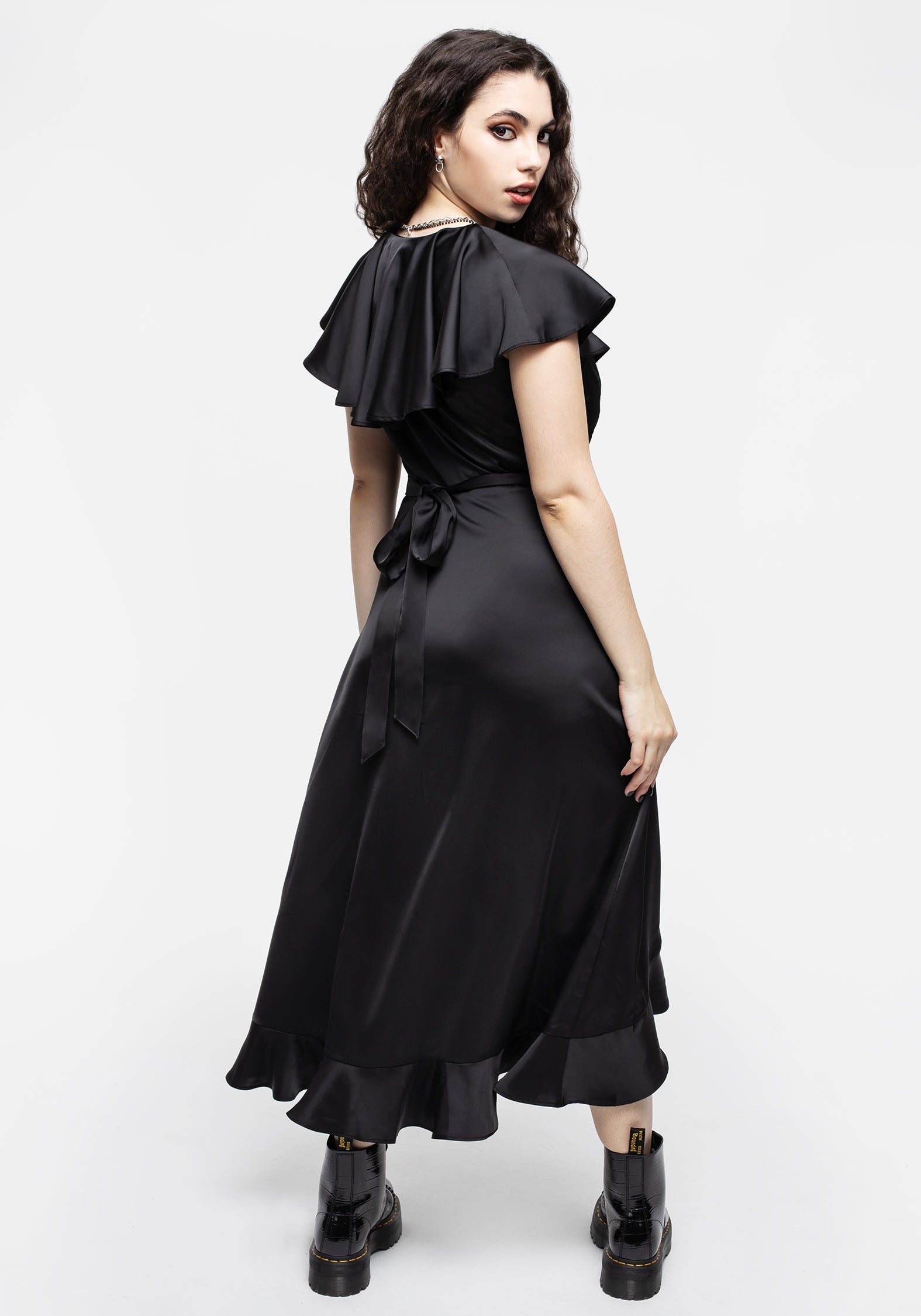 Satin Wrap Midi Dress with Ruffle Sleeves | Linnette
