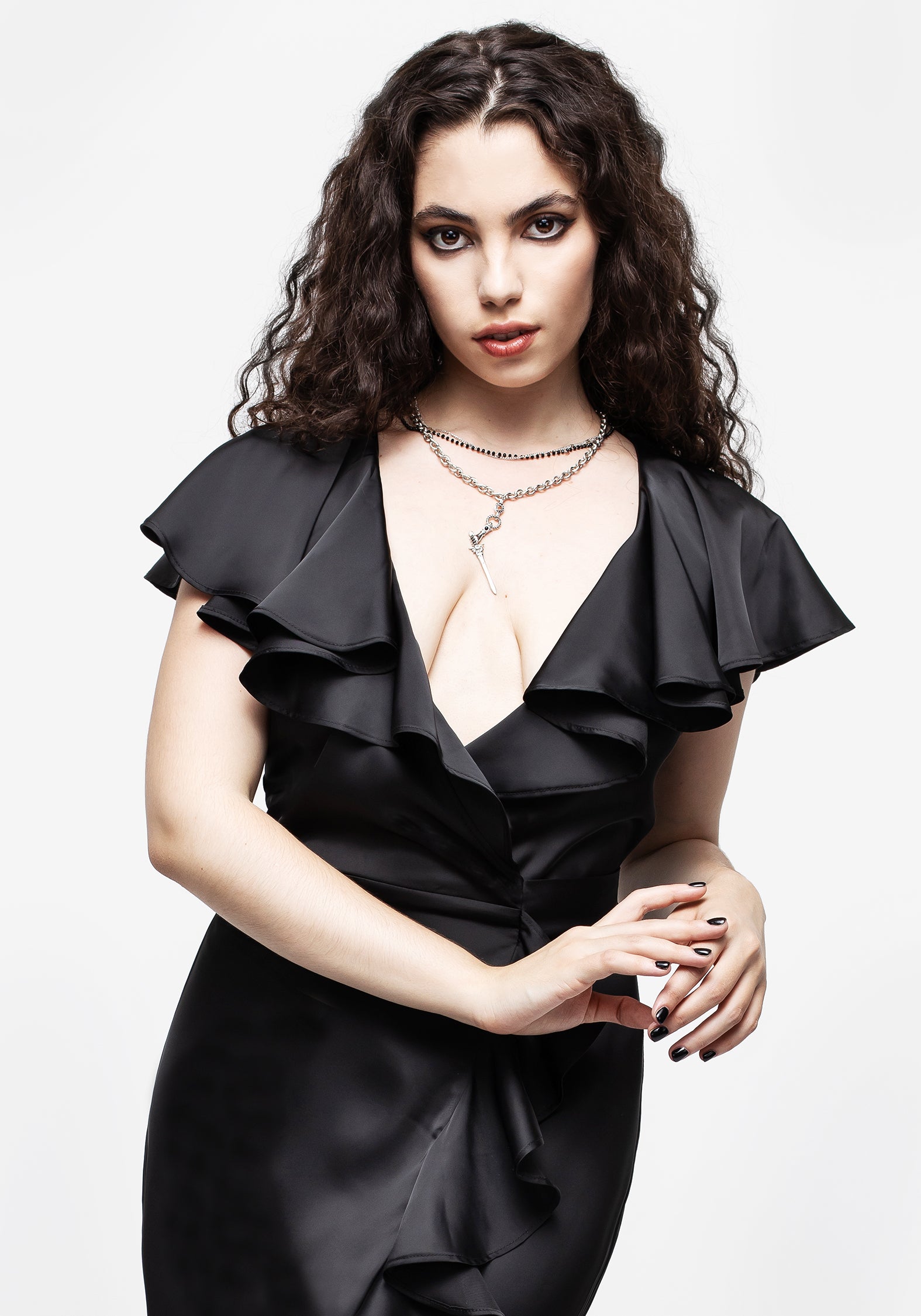 Satin Wrap Midi Dress with Ruffle Sleeves | Linnette